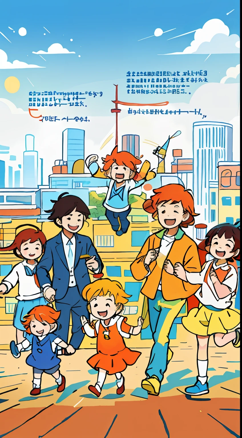 Children visit the parent company，Fortune Tower，Warm and happy，lively and lovely，Children's illustration style，Bright orange tones。