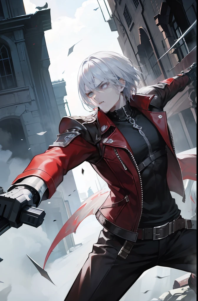 "An intense and action-packed scene from Devil May Cry featuring a badass protagonist with striking white hair and silver eyes, engaging in intense sword fights and firing dual guns at menacing demons."