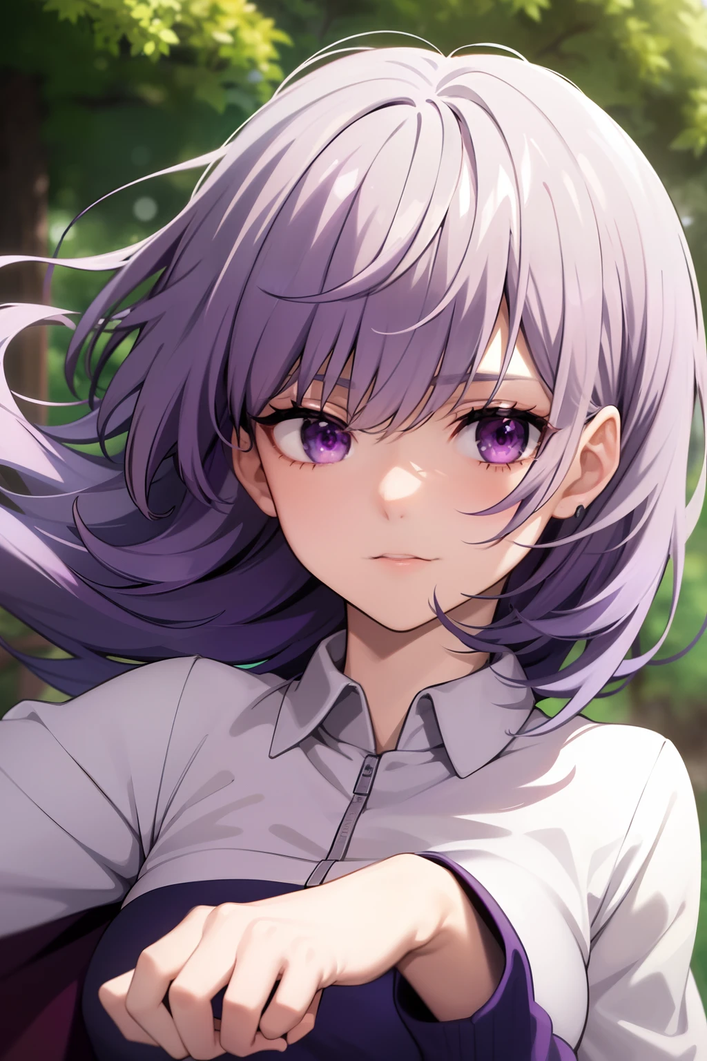 masterpiece, best quality, high quality, 1girl, solo, female focus, looking at viewer, upper body, inumaki_toge, gojo_satoru, purple eyes, purple hair