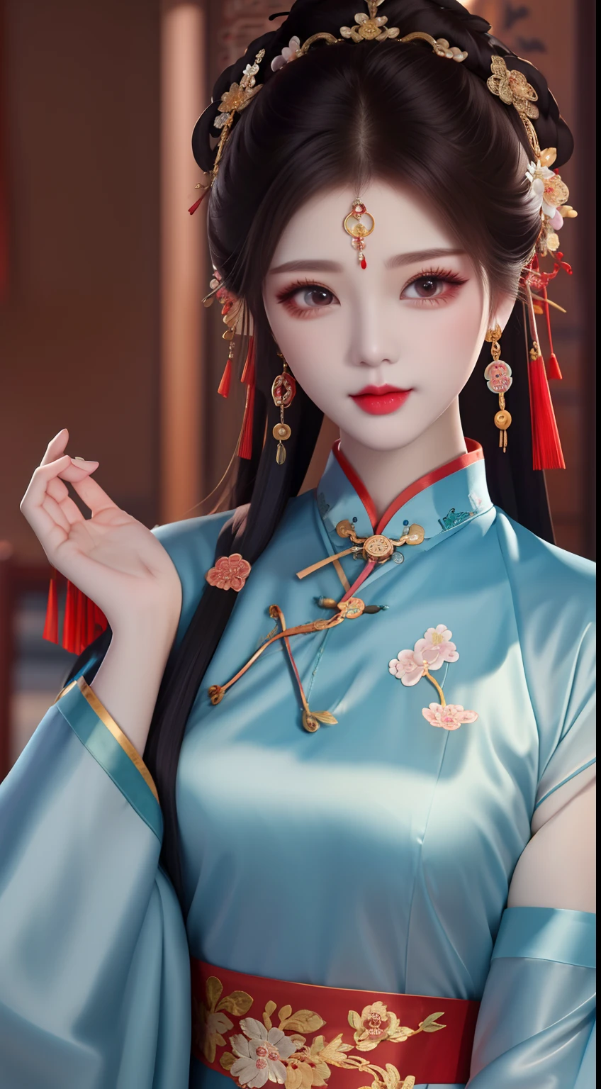 high detal,8K分辨率,超A high resolution,A young Hmong girl, A cute girl，A ball head，lipsticks，choker necklace，Black clear eyes，Smooth hair,鎖骨,Exquisite and perfect facial features, the most beautiful big eyes,Long eyelashes,The eyes are sweet and there are lying silkworms，dynamic angle,Extreme picture quality,Highest precision,Precise and perfect human anatomy，(((Professional Dress，Slim Republic of China cheongsam，Crimson gold embroidery)))，((sitted))，Warm scene，Ultra high resolution spell(Prompt): Stunning antique beauty，Perfect look，Perfectly refined and clear facial features（Meticulous facial portrayal），the most beautiful big eyes，beautiful pupil，long eyelasher，Delicate and beautiful makeup，Be red in the face，Moisturize pink lips，)，The chest is full and rounded，Black shiny hair coiled（Chinese antique hairstyle design），Beautiful hairpin hair accessories，Beautiful earring necklace，Noble temperament，Slim waist，Slender and long legs，perfect bodies，Sexy and charming，Precise and perfect human anatomy，Facing the viewer，Inside the magnificent palace，Carved fence jade，Works of masters，tmasterpiece，Best quality at best，high high quality，A high resolution，，