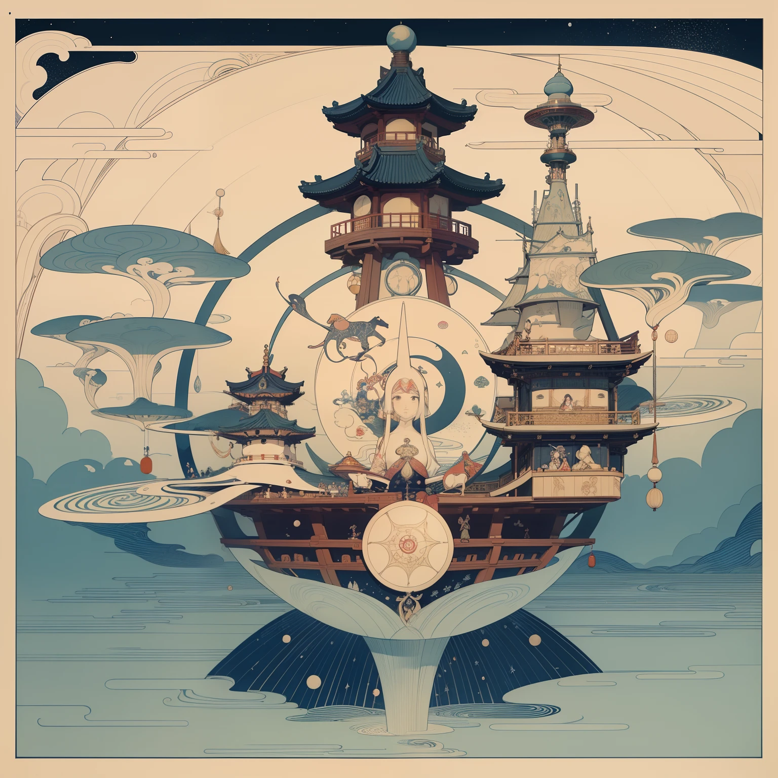 Ukiyo-e style Charles Robinson, Frank Pape, Kay Nielsen, surreal wondrous strange Whimsical absurderes fanciful Sci-Fi Fantasy Water transport instrument elephant platform Eleventh century Chinese astronomical observation clock tower Mineral Gathering Spherical triangulation