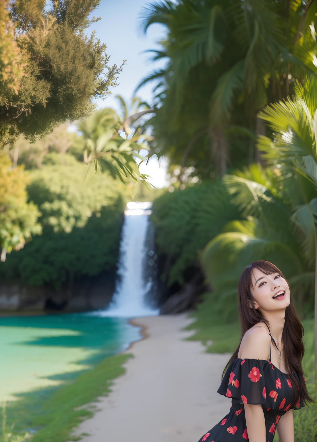 masterpiece、top-quality、higher rank、1girl in、asian human、Beautiful expression、Colossal tits、、Wearing a black summer dress、The background is a beach with a midsummer sunset....