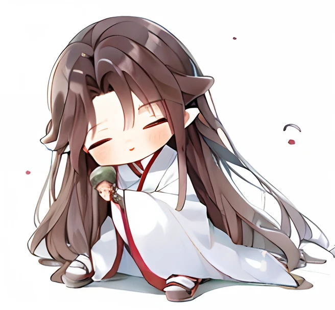 Long-haired anime people drool, tchibi,Chibi Art, flowing hair and long robes, inspired by Li Mei-shu, Fanart, inspired by Yun Du-seo, elf long weaving brown hair, inspired by Yang Borun，baggy clothes, adorable expression，Costume boy，Q version，in style of hayao miyazaki，go to bed，Sleepy，Slouched