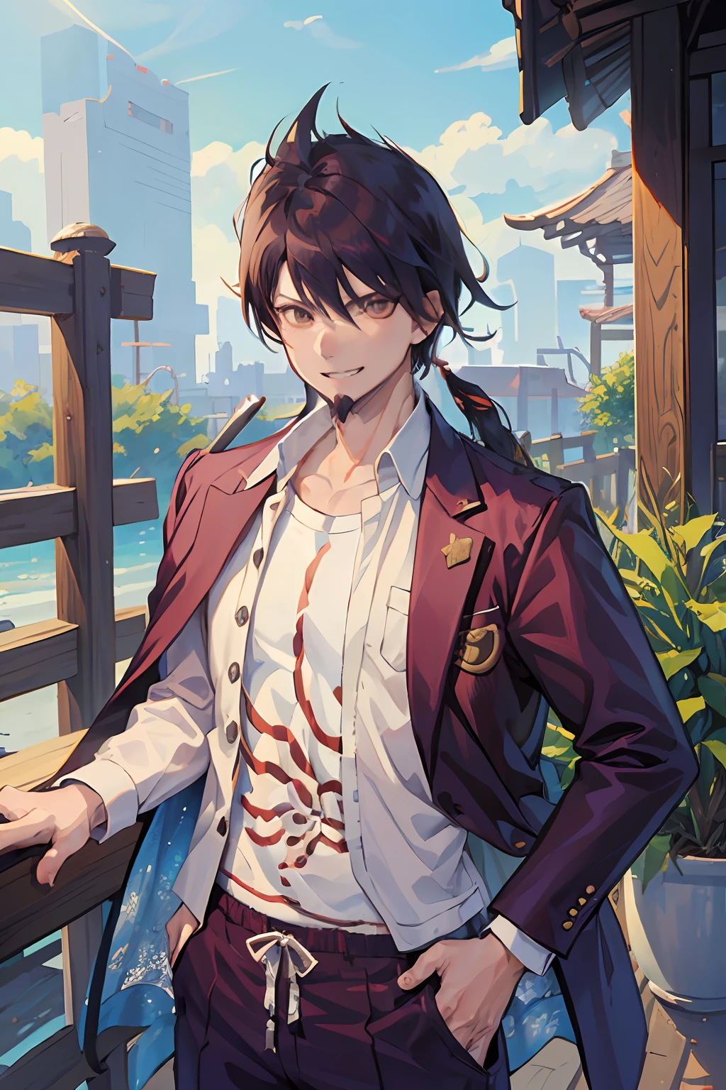 (Masterpiece, Best Quality:1.2), Cowboy shot, 独奏, male focus, 1boy, Momota Kaito, facial hair, grin, looking a viewer, spiked hair, revealing clothes, jacket, Shirt, long sleeves, pants