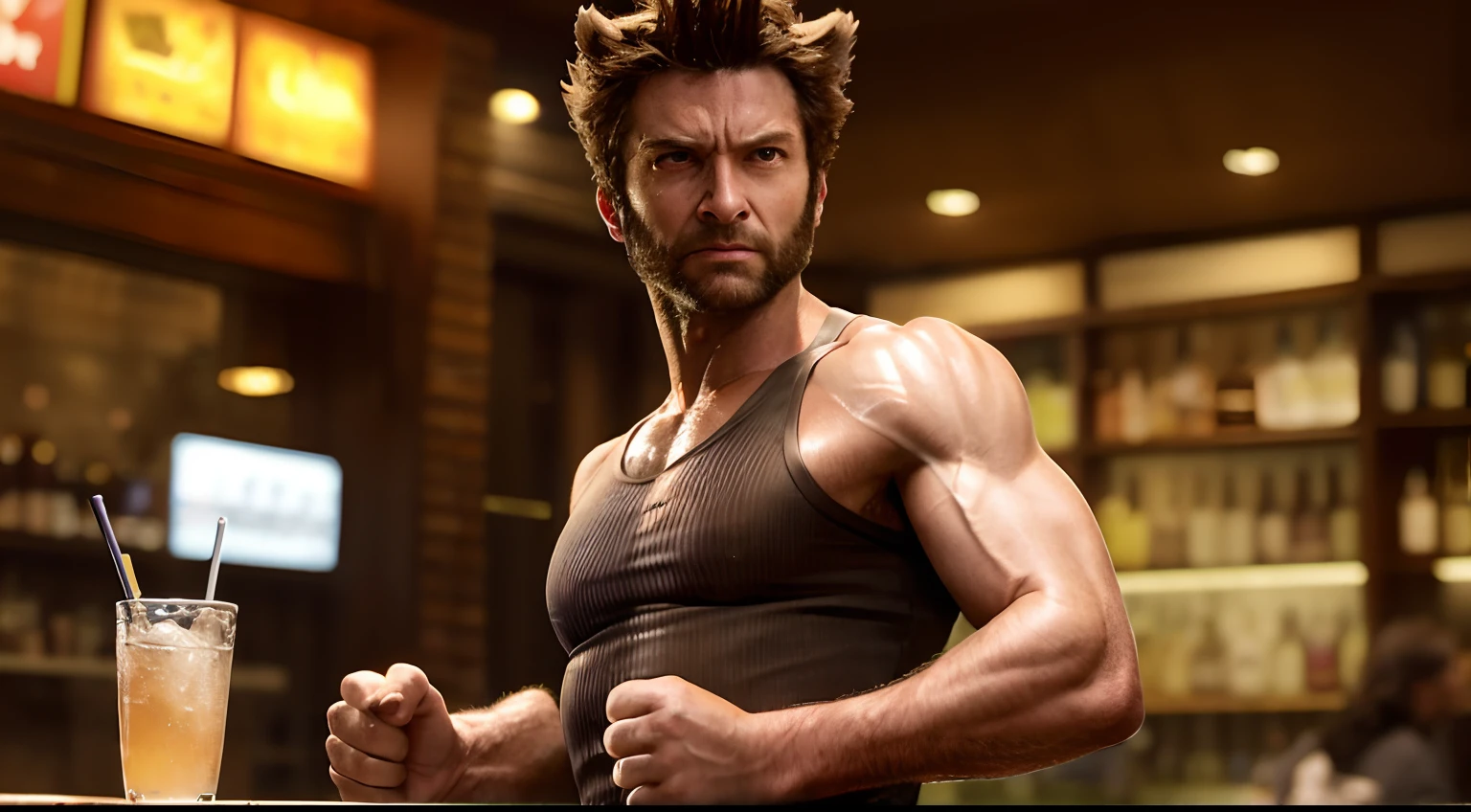 Wolverine enjoying a lively evening at a bustling bar in the heart of the city, surrounded by fellow patrons and a wide assortment of drinks.