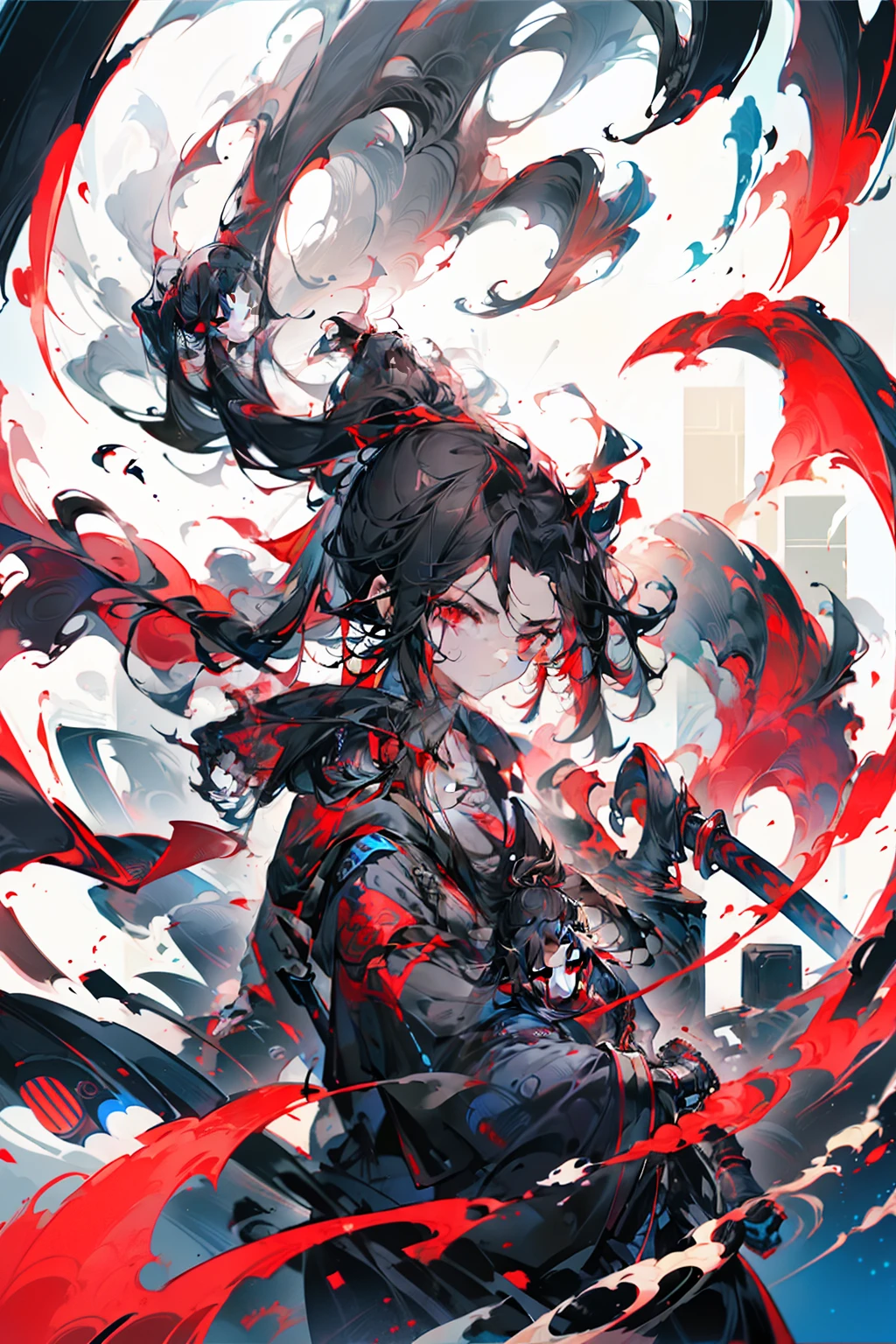 with long black hair,Red-eyed age boy,Stand on an empty street at night,extreme hight detail,Blue jacket,Black Hakama,Holding a giant blood-colored scythe in one hand,Crescent