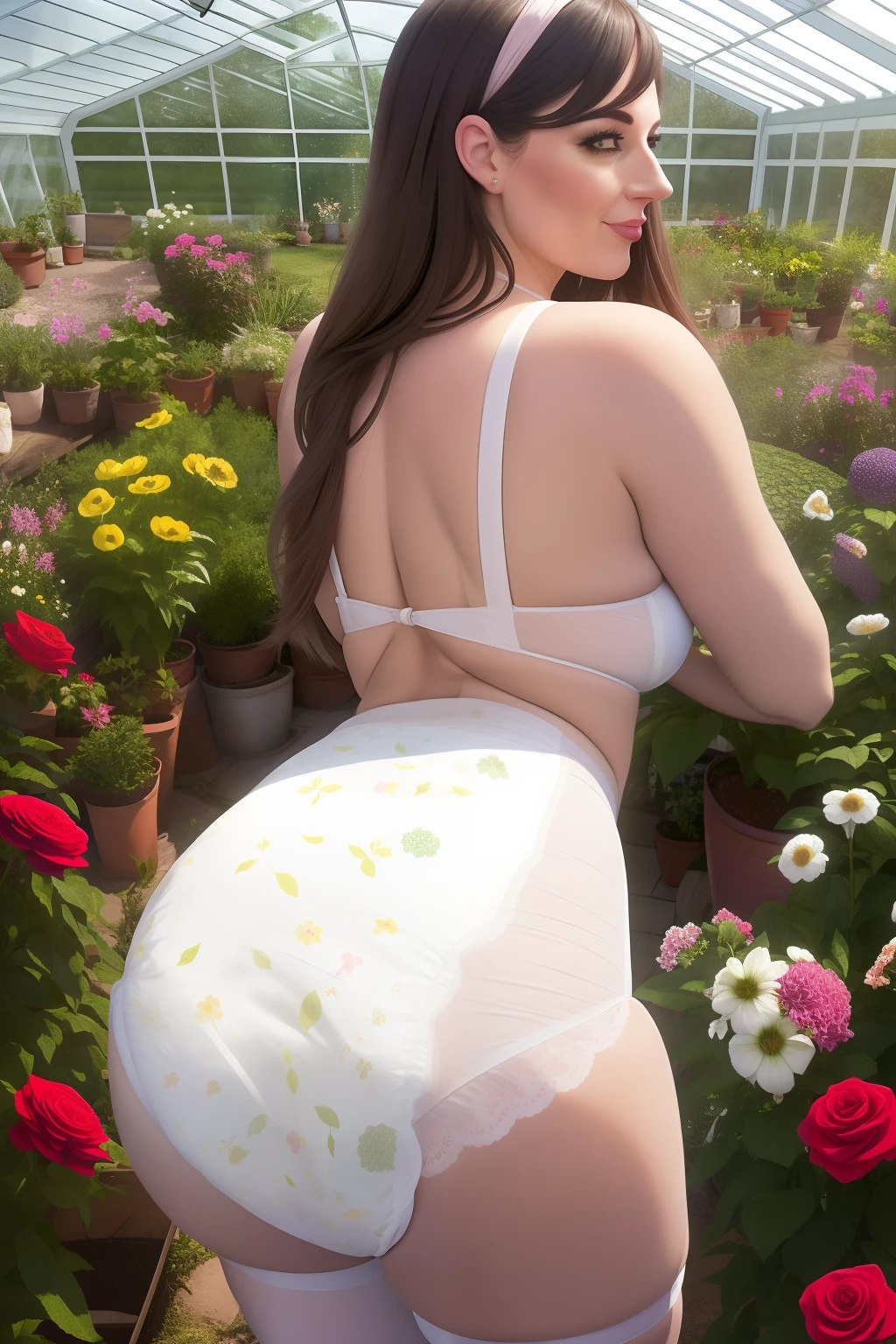 High quality, Bokeh, 1fille, portrait vertical, une jeune femme, jardinier, (couche:1.2), salopette. inside a lush greenhouse with lots of flowers, tenant un paquet de roses,caca dans la couche