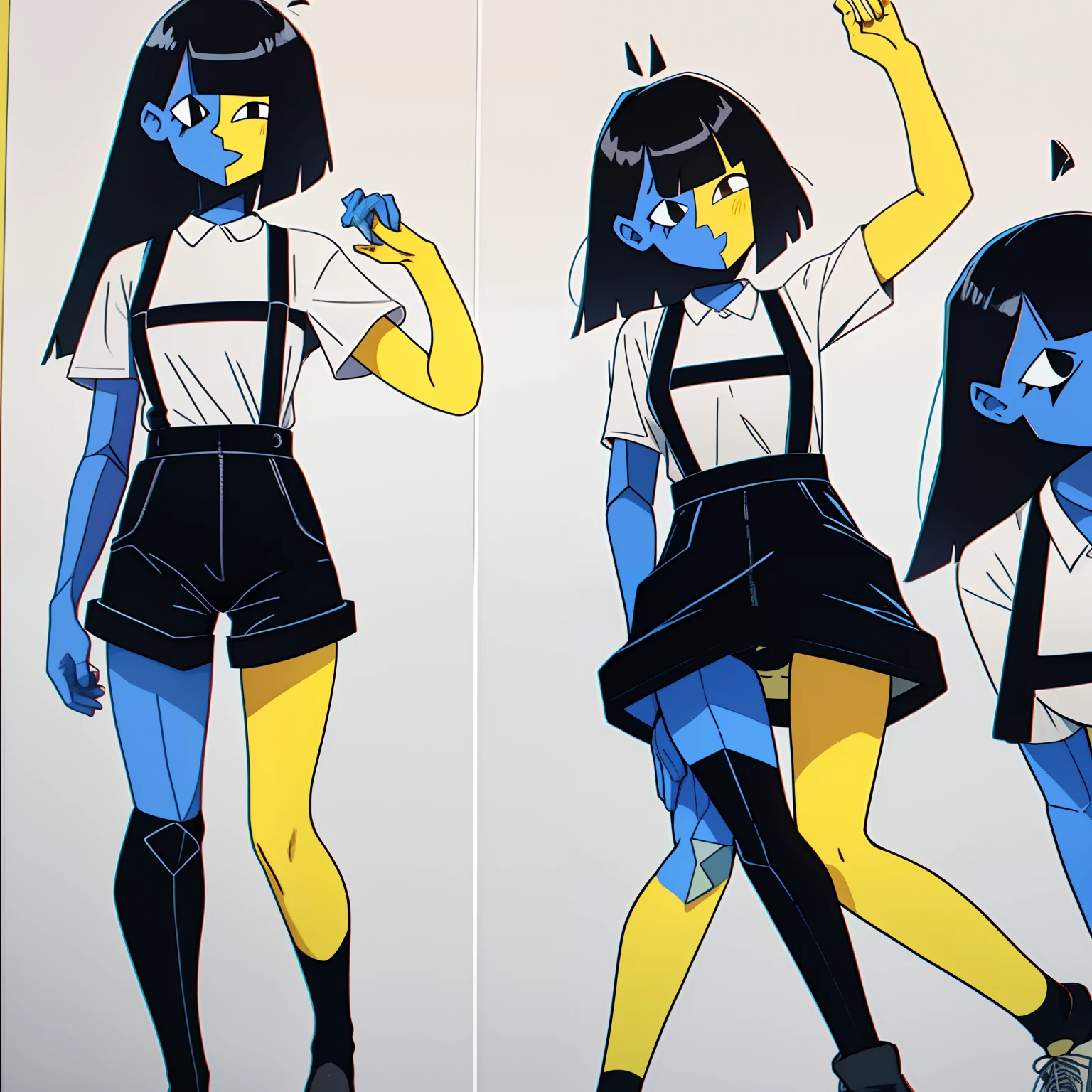 ENA (Joel G), split color body (blue on right, yellow on left), white t-shirt, black overall dress, 1girl, black socks (thigh-high on right, ankle on left), grain effect on hair, perfect anatomy, better hands, anime style, cowboy shot