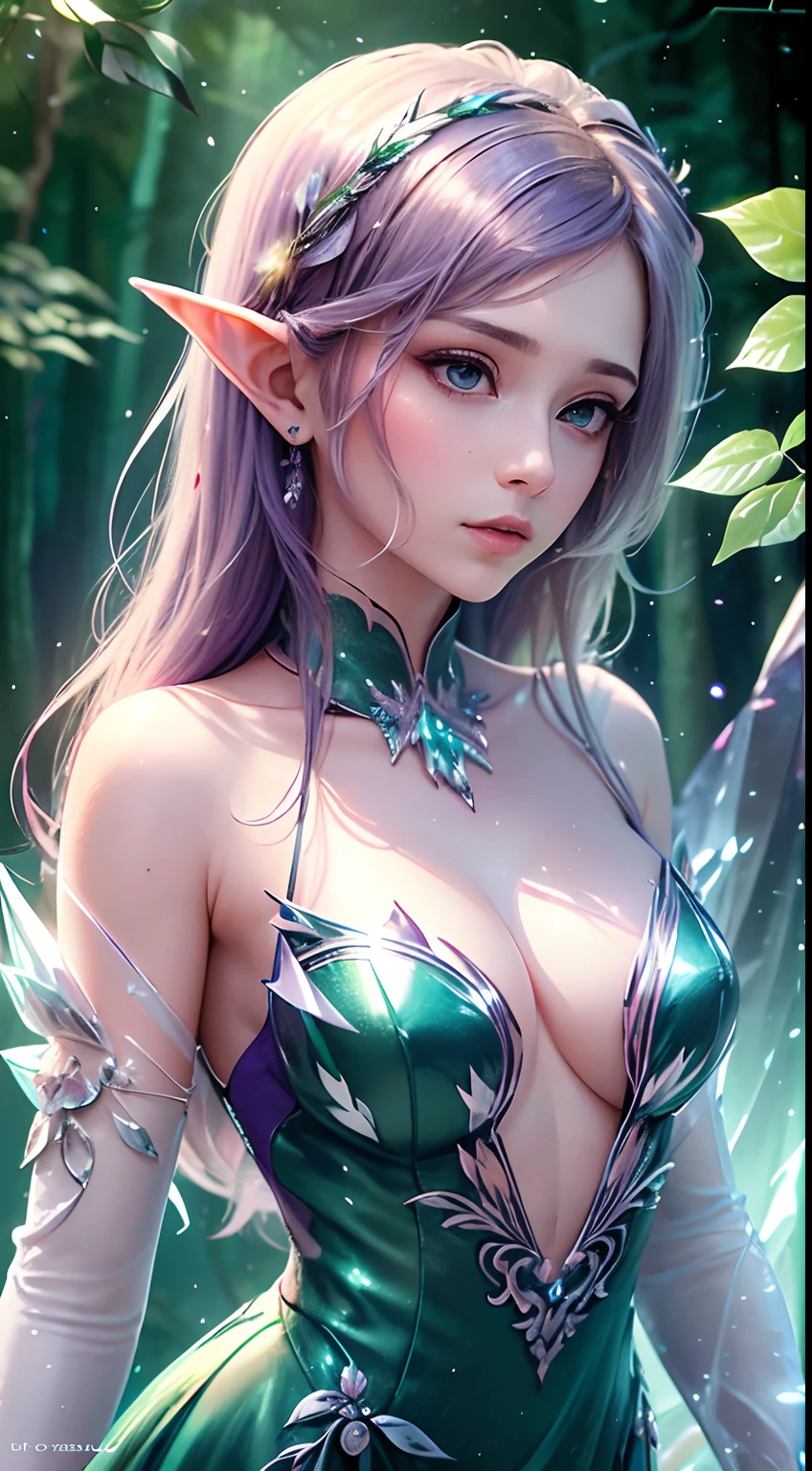 (Masterpiece, Top Quality, Best, Official Art, Beautiful and Aesthetic, Long Exposure: 1.2), Smooth Movement, Charming Patterns, 1 Girl, (Long Dress with Sleeves: 1.3), (((purple Clothes) )), upper body close-up, bare shoulders, Chinese girl, blush, purple lob hair,purple eyes portrait, solo, upper body, looking at the observer, detailed background, detailed face, (crystallineAI, crystalline theme:1.1), elemental wood elf, rotation foliage, control foliage, emerald clothing, dynamic pose, floating particles, ethereal dynamics, foliage, vapor, forest in the background, green tint, forest, ethereal atmosphere,