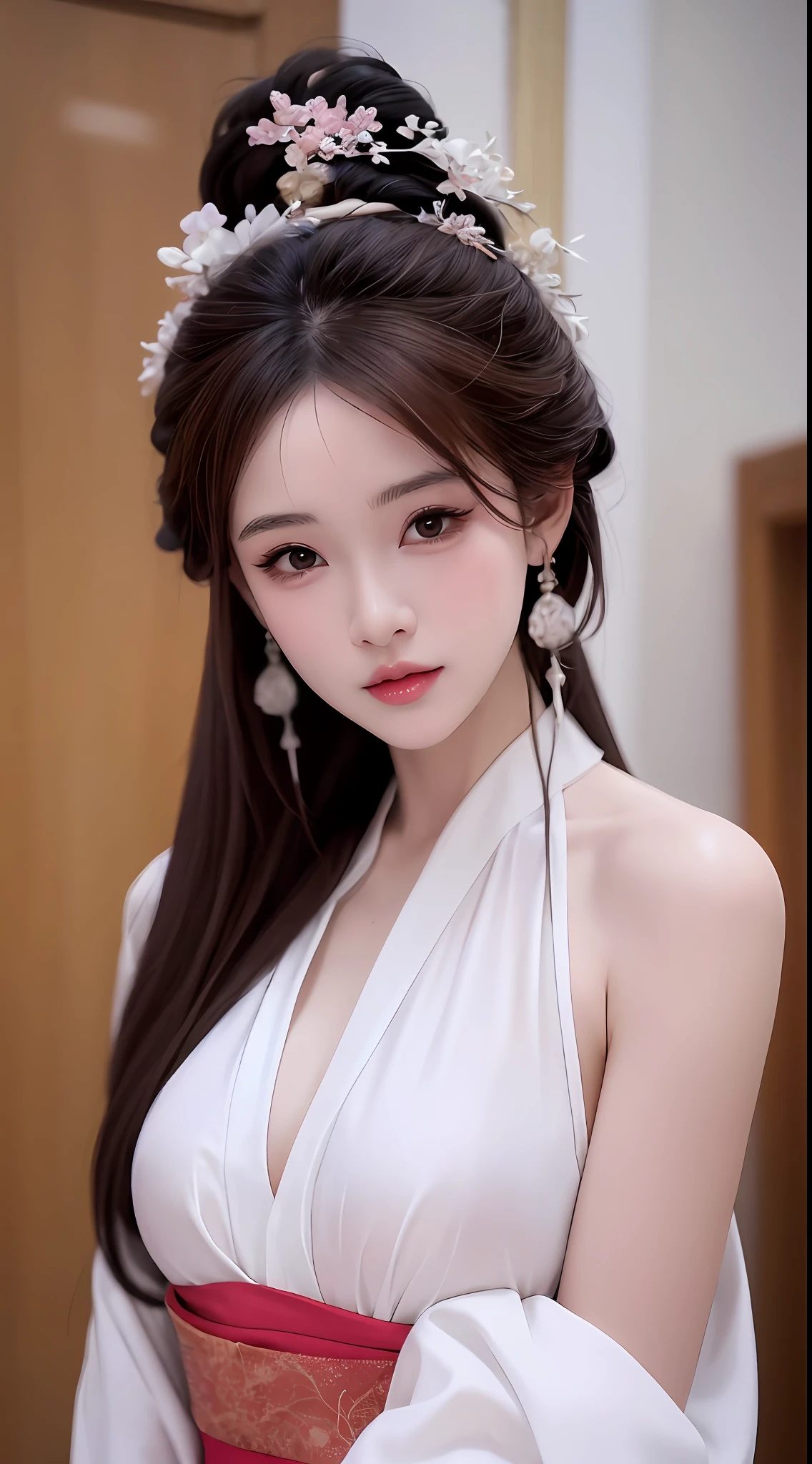 1 realistically beautiful girl, waist length hair, black eyes, ancient Ao Dai, style hanfu, wearing a thin silk shirt of ancient China, pink and smooth white skin, wearing a discreet ancient style ao dai, appears shoulders and head in the photo,cute little face, eye bags under wet makeup, plump red lips, pout, ((closed mouth:1.0)), balanced incisors, embarrassed, small face makeup detailed and very beautifull, The breasts are super round and tight, breast augmentation, blum boobs, Cover the girl's chest with a camisole inside, blush, from front, wear earrings, necklaces, from above, looking at viewer, upturned eyes, full body, masterpiece, top quality, best quality, official art, unity 8k wallpaper, highres, ultra-high res, ultra-detailed, (photorealistic:1.2), alone, solo, Only 1 girl, style hanfu Dunhuang, 10x pixels, super realistic, ultra high quality, full body view of the girl, upper body,