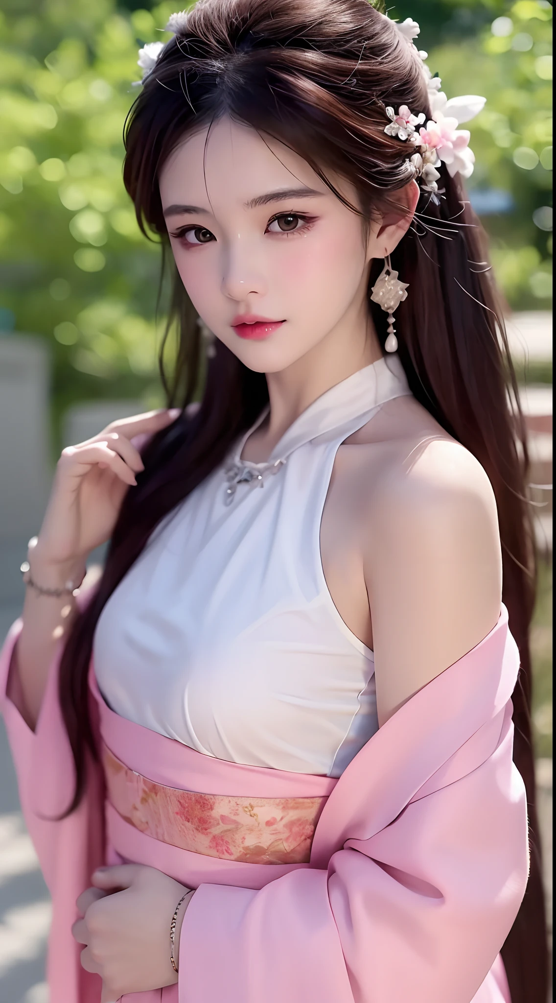 1 realistically beautiful girl, waist length hair, black eyes, ancient Ao Dai, style hanfu, wearing a thin silk shirt of ancient China, pink and smooth white skin, wearing a discreet ancient style ao dai, appears shoulders and head in the photo,cute little face, eye bags under wet makeup, plump red lips, pout, ((closed mouth:1.0)), balanced incisors, embarrassed, small face makeup detailed and very beautifull, The breasts are super round and tight, breast augmentation, blum boobs, Cover the girl's chest with a camisole inside, blush, from front, wear earrings, necklaces, from above, looking at viewer, upturned eyes, full body, masterpiece, top quality, best quality, official art, unity 8k wallpaper, highres, ultra-high res, ultra-detailed, (photorealistic:1.2), alone, solo, Only 1 girl, style hanfu Dunhuang, 10x pixels, super realistic, ultra high quality, full body view of the girl, upper body,