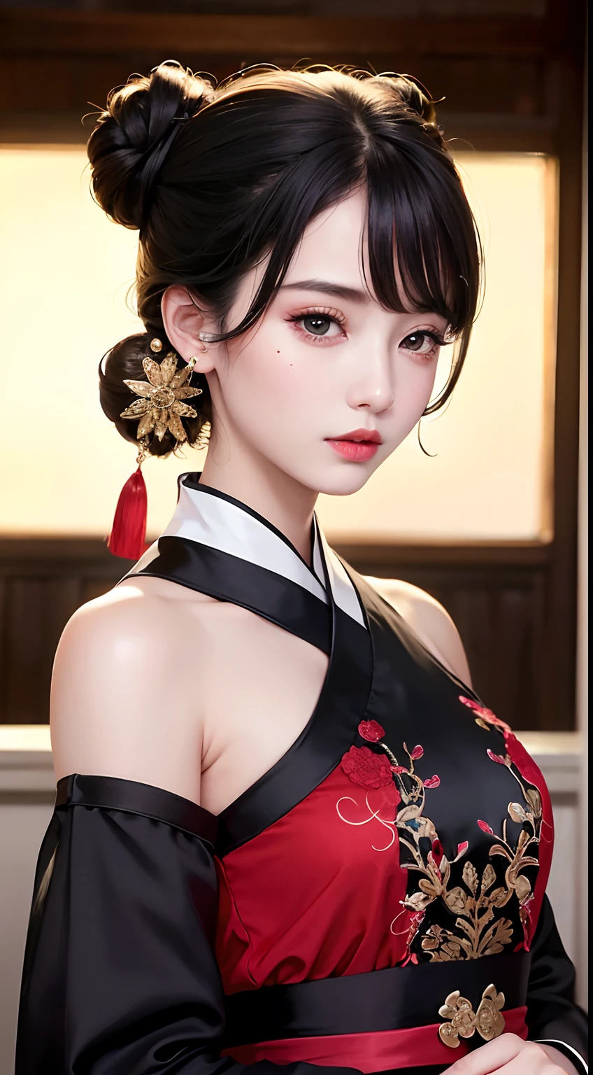 (8K, RAW photo, Photorealistic:1.25) ,( Gloss on lips, eyeslashes, gloss face, Glossy glossy skin, Best quality, 超高分辨率, Depth of field, color difference, Caustics, Broad lighting, naturalshadow, Kpop idol) Watch the audience tranquil goddess-like bliss,high school classroom,a sailor suit,Miniskirt high detail,8K resolution,超高分辨率,A young girl, A cute girl,short detailed hair,hair-bun,lipsticks,Tassel earrings,Black clear eyes,Smooth hair,鎖骨,Exquisite and perfect facial features, the most beautiful big eyes,Long eyelashes,The eyes are sweet and there are lying silkworms,dynamic angle,Extreme picture quality,Highest precision,Precise and perfect human anatomy,(((Antique black hanfu,Red embroidery))),((sitted)),Warm scene,超高分辨率,Ultra-clear vintage black flowing hair,Delicate bun)By bangs,(Long flowing hair,With a bun:1.3)),Delicate collarbones,beautiful make up,Exquisite and perfect facial features,,Big watery eyes,Lying silkworm,Long eyelashes,The eyes are sweet and have eye shadow,Slim waist,Do not show your hands,,lipsticks,Blushlush,Delicate earring earrings,pearls necklace