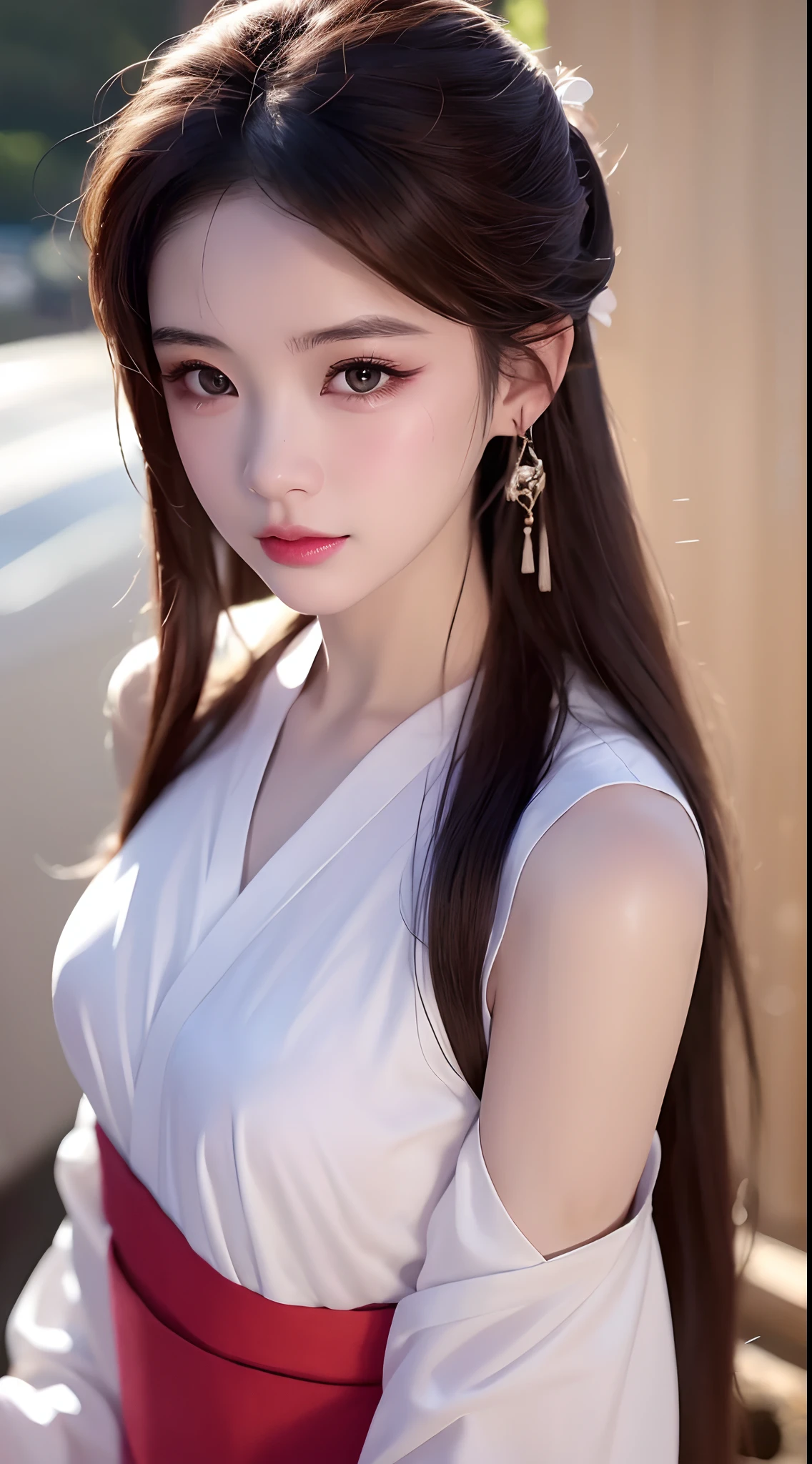 1 realistically beautiful girl, waist length hair, black eyes, ancient Ao Dai, style hanfu, wearing a thin silk shirt of ancient China, pink and smooth white skin, wearing a discreet ancient style ao dai, appears shoulders and head in the photo,cute little face, eye bags under wet makeup, plump red lips, pout, ((closed mouth:1.0)), balanced incisors, embarrassed, small face makeup detailed and very beautifull, The breasts are super round and tight, breast augmentation, blum boobs, Cover the girl's chest with a camisole inside, blush, from front, wear earrings, necklaces, from above, looking at viewer, upturned eyes, full body, masterpiece, top quality, best quality, official art, unity 8k wallpaper, highres, ultra-high res, ultra-detailed, (photorealistic:1.2), alone, solo, Only 1 girl, style hanfu Dunhuang, 10x pixels, super realistic, ultra high quality, full body view of the girl, upper body,