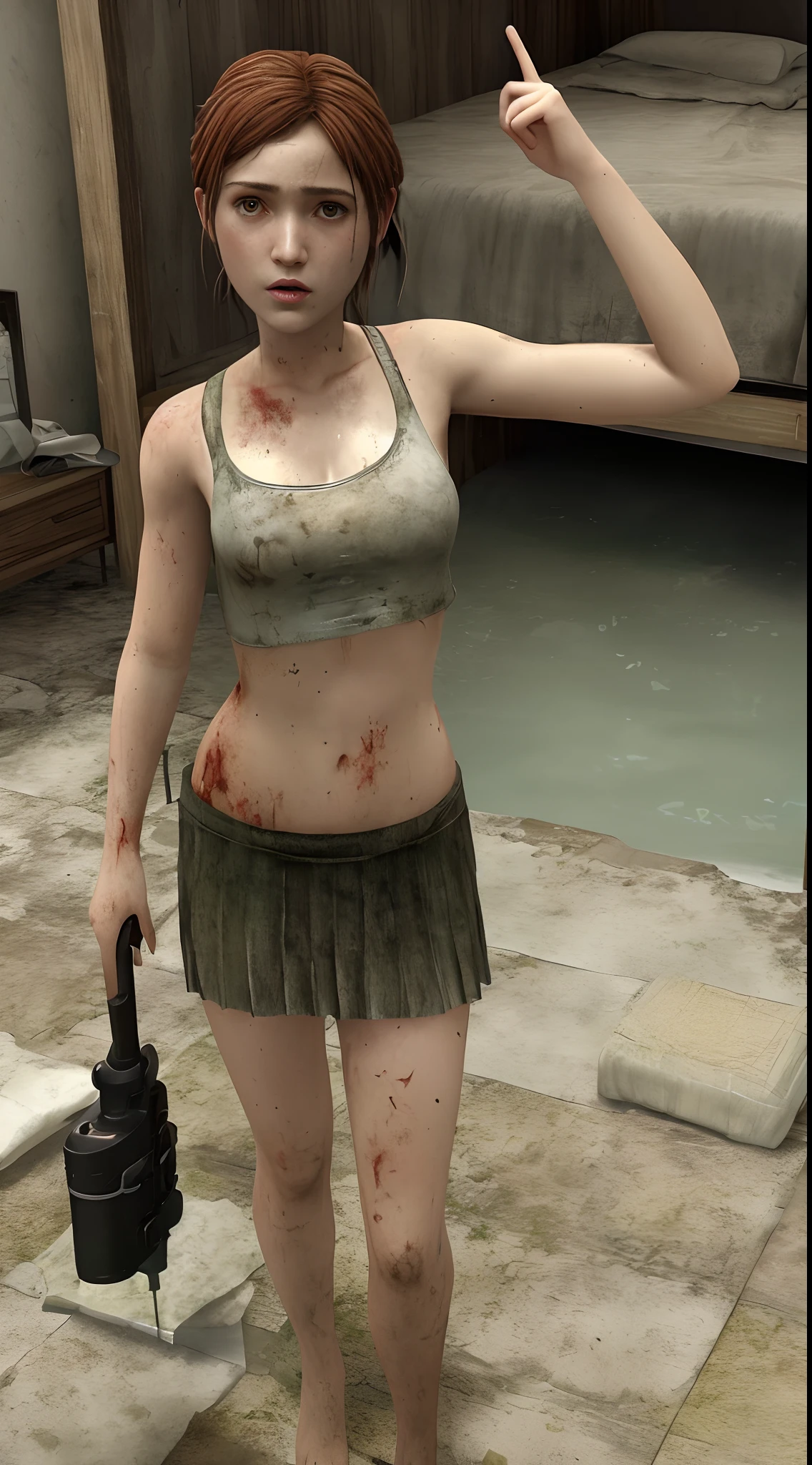 imagem de um garota em um quarto escuro com uma faca, Ellie (last of us), Ellie, the Last of Us, Luscious ), Supermodelo, character is half in the water, estilo morro silencioso, the last of us zombie, Jogo de Silent Hill, naked breasts, pleated skirt, cabelo longo