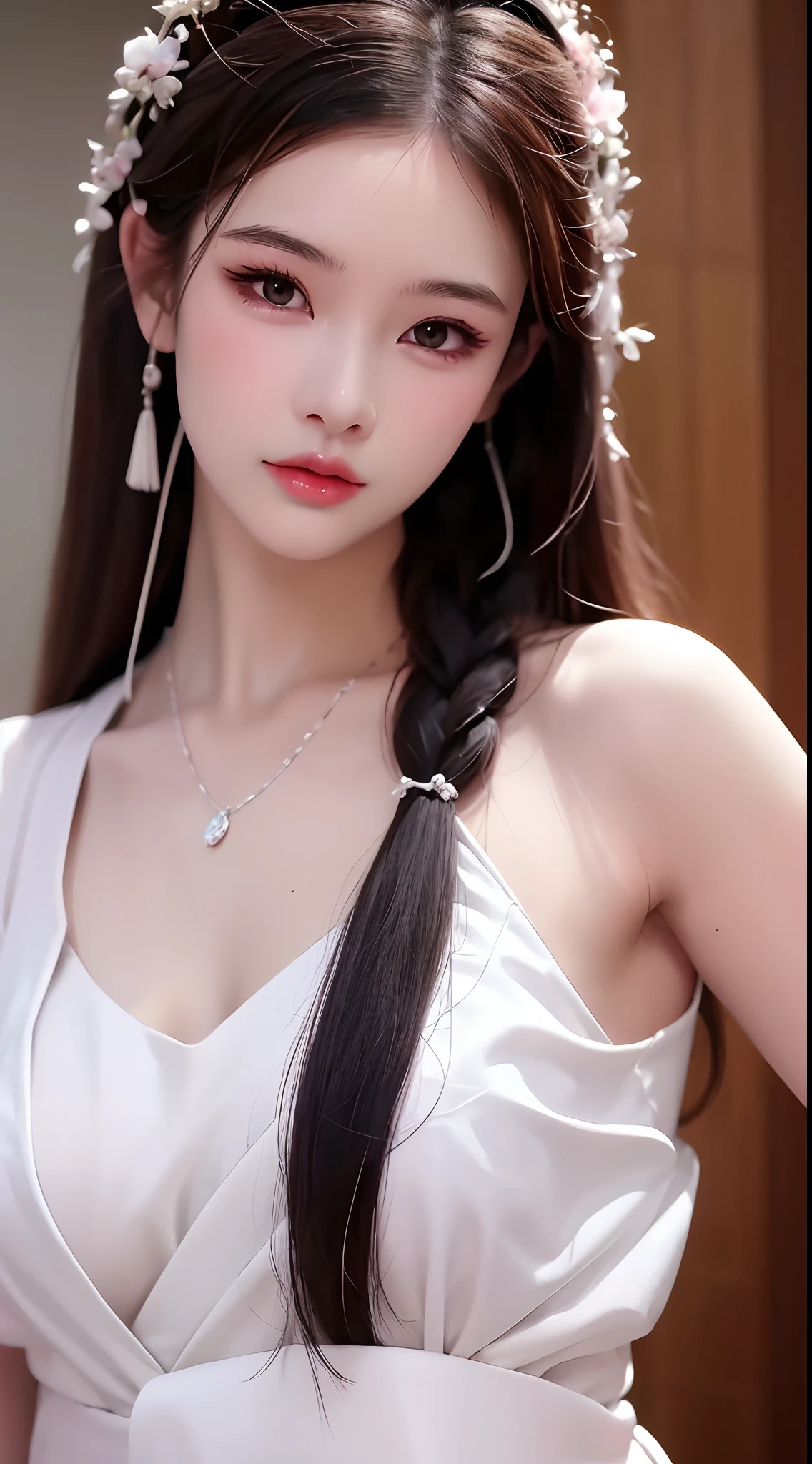 1 realistically beautiful girl, waist length hair, black eyes, ancient Ao Dai, style hanfu, wearing a thin silk shirt of ancient China, pink and smooth white skin, wearing a discreet ancient style ao dai, appears shoulders and head in the photo,cute little face, eye bags under wet makeup, plump red lips, pout, ((closed mouth:1.0)), balanced incisors, embarrassed, small face makeup detailed and very beautifull, The breasts are super round and tight, breast augmentation, blum boobs, Cover the girl's chest with a camisole inside, blush, from front, wear earrings, necklaces, from above, looking at viewer, upturned eyes, full body, masterpiece, top quality, best quality, official art, unity 8k wallpaper, highres, ultra-high res, ultra-detailed, (photorealistic:1.2), alone, solo, Only 1 girl, style hanfu Dunhuang, 10x pixels, super realistic, ultra high quality, full body view of the girl, upper body,