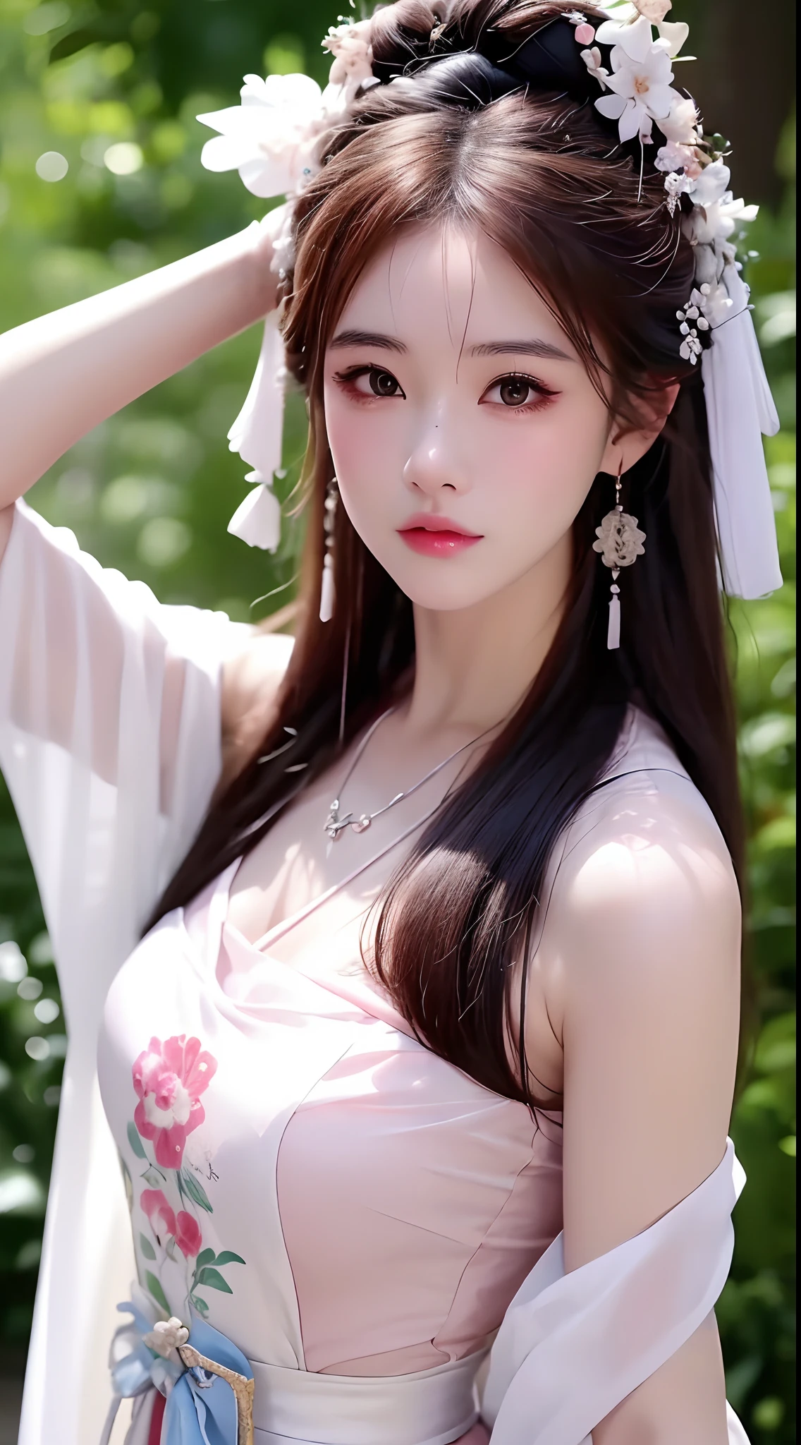 1 realistically beautiful girl, waist length hair, black eyes, ancient Ao Dai, style hanfu, wearing a thin silk shirt of ancient China, pink and smooth white skin, wearing a discreet ancient style ao dai, appears shoulders and head in the photo,cute little face, eye bags under wet makeup, plump red lips, pout, ((closed mouth:1.0)), balanced incisors, embarrassed, small face makeup detailed and very beautifull, The breasts are super round and tight, breast augmentation, blum boobs, Cover the girl's chest with a camisole inside, blush, from front, wear earrings, necklaces, from above, looking at viewer, upturned eyes, full body, masterpiece, top quality, best quality, official art, unity 8k wallpaper, highres, ultra-high res, ultra-detailed, (photorealistic:1.2), alone, solo, Only 1 girl, style hanfu Dunhuang, 10x pixels, super realistic, ultra high quality, full body view of the girl, upper body,