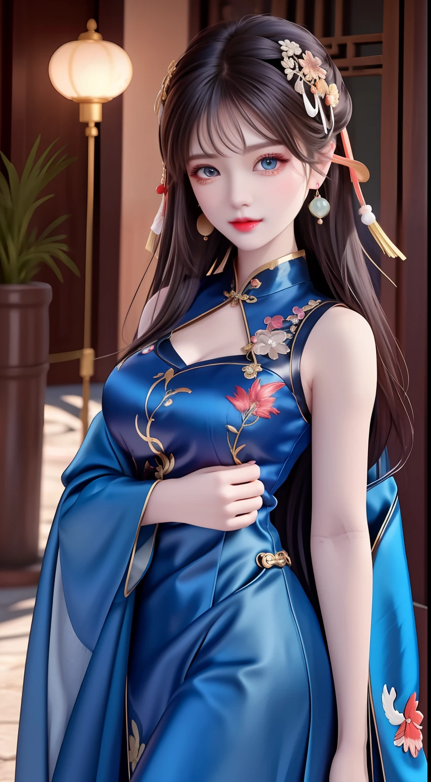 Ancient wind，Masterpiece, offcial art, Extremely detailed Cg Unity 8K wallpaper， absurderes, Best quality, Highly detailed, 8K resolution, Macro lens, Cowboy shot, Female, a beauty girl, Goddess, (Colored Contact Lenses), (lipstick), nose blush, Seductive smile, hair over shoulders,( lolitahairband), Hair ribbon, Bracelet, ring, hoop earings, Drop earrings，high detal，8K分辨率，A masterpiece，highest  quality，filigree，tmasterpiece，Beautiful，Stunning antique beauty，Perfect look，Perfectly refined and clear facial features（Meticulous facial portrayal），the most beautiful big eyes，beautiful pupil，long eyelasher，Delicate and beautiful makeup，Be red in the face，Moisturize pink lips，(((Gorgeous sleeveless silk embroidered blue phoenix robe)))，（Chinese phoenix pattern），，Black shiny hair coiled（Chinese antique hairstyle design），Beautiful hairpin hair accessories，Beautiful earring necklace，Noble temperament，Slim waist，Slender and long legs，perfect bodies，Sexy and charming，Precise and perfect human anatomy，Facing the viewer，Inside the magnificent palace，Carved fence jade，Works of masters，tmasterpiece，Best quality at best，high high quality，A high resolution，，cinmatic lighting，depth of fields，Close-up。Photo of a bust of a beautiful girl，hugs，Large chest，Red tulle Hanfu，Ancient wind，Delicate collarbones，cropped shoulders，Beautuful Women，long whitr hair，Cute beauty，Highly detailed, illustration, Cinematic lighting，Beautiful long Chinese hair，Messy hair，Close-up，Close-up