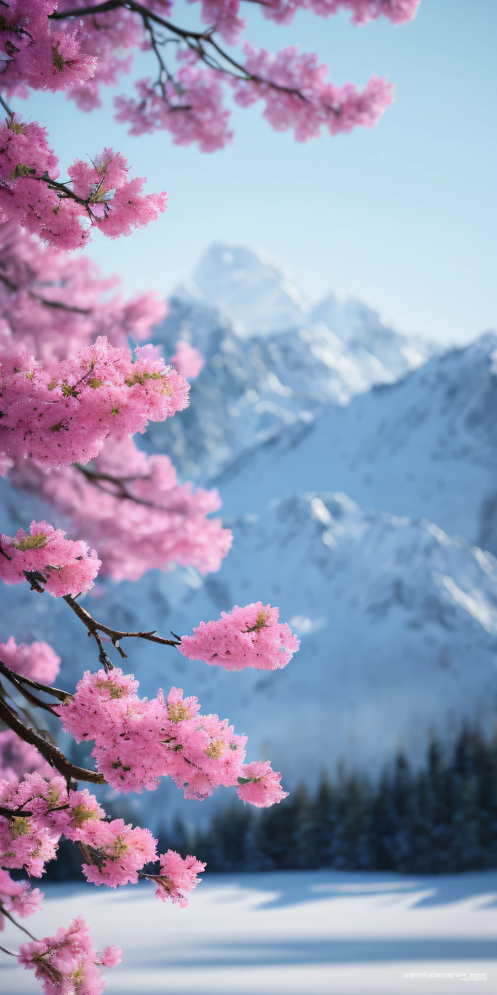 tmasterpiece，Best quality at best，high qulity，非常详细的 CG 统一 8k 壁纸，stillness，Cold climate，Peaceful beauty，snow mountains，Yuki，lakes，Winters，tree branch，Bokeh，Depth field, hdr, full bloom, color difference, Photorealistic, Extremely detailed, Popular on artstation, Popular on CGsociety, complex, High detail, Dramatic, halfway art