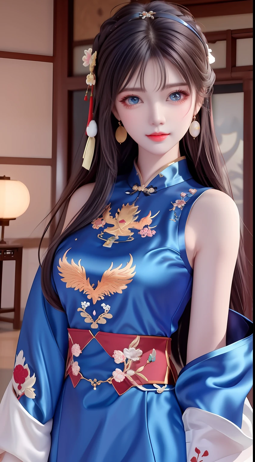 Ancient wind，Masterpiece, offcial art, Extremely detailed Cg Unity 8K wallpaper， absurderes, Best quality, Highly detailed, 8K resolution, Macro lens, Cowboy shot, Female, a beauty girl, Goddess, (Colored Contact Lenses), (lipstick), nose blush, Seductive smile, hair over shoulders,( lolitahairband), Hair ribbon, Bracelet, ring, hoop earings, Drop earrings，high detal，8K分辨率，A masterpiece，highest  quality，filigree，tmasterpiece，Beautiful，Stunning antique beauty，Perfect look，Perfectly refined and clear facial features（Meticulous facial portrayal），the most beautiful big eyes，beautiful pupil，long eyelasher，Delicate and beautiful makeup，Be red in the face，Moisturize pink lips，(((Gorgeous sleeveless silk embroidered blue phoenix robe)))，（Chinese phoenix pattern），，Black shiny hair coiled（Chinese antique hairstyle design），Beautiful hairpin hair accessories，Beautiful earring necklace，Noble temperament，Slim waist，Slender and long legs，perfect bodies，Sexy and charming，Precise and perfect human anatomy，Facing the viewer，Inside the magnificent palace，Carved fence jade，Works of masters，tmasterpiece，Best quality at best，high high quality，A high resolution，，cinmatic lighting，depth of fields，Close-up。Photo of a bust of a beautiful girl，hugs，Large chest，Red tulle Hanfu，Ancient wind，Delicate collarbones，cropped shoulders，Beautuful Women，long whitr hair，Cute beauty，Highly detailed, illustration, Cinematic lighting，Beautiful long Chinese hair，Messy hair，Close-up，Close-up