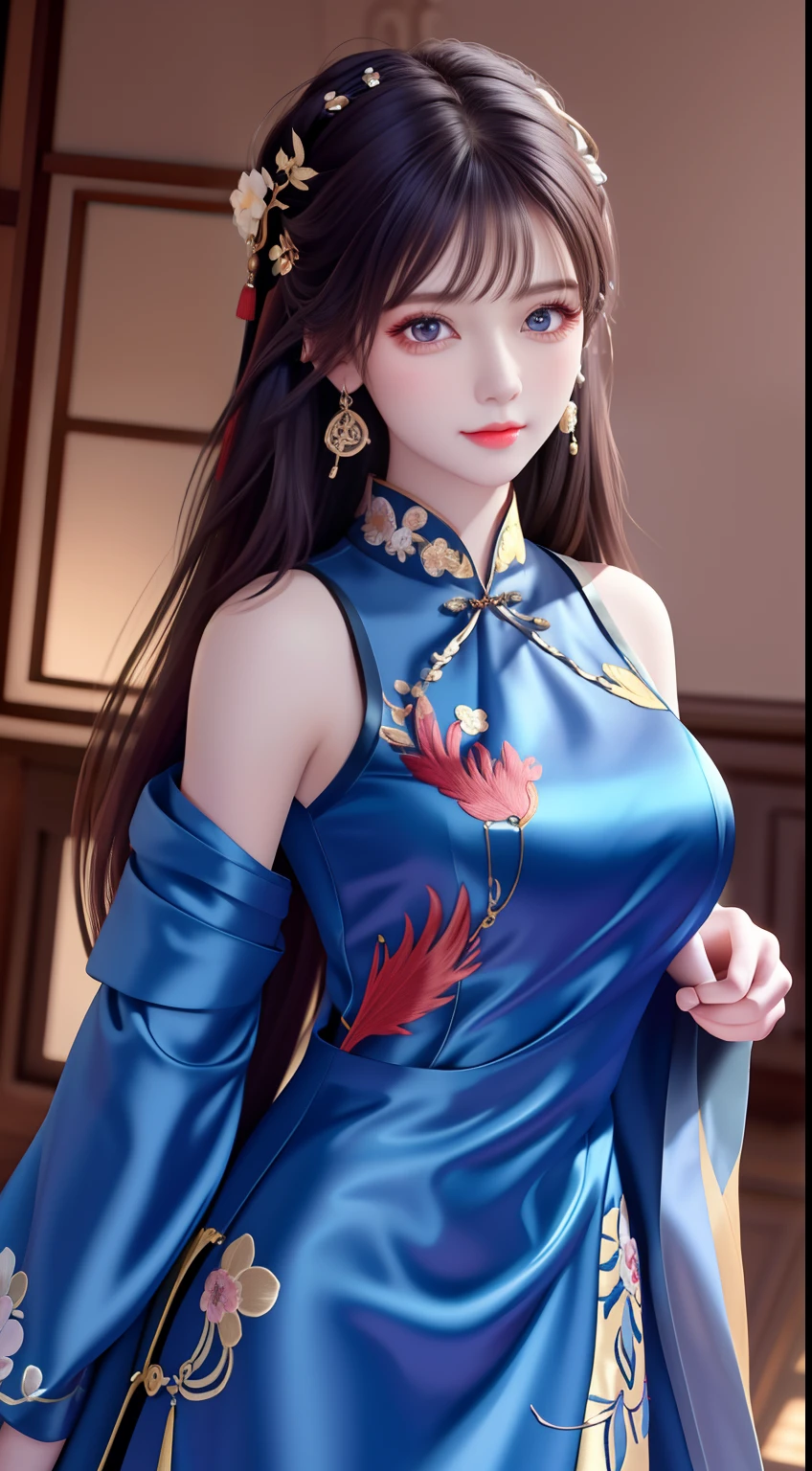 Ancient wind,Masterpiece, offcial art, Extremely detailed Cg Unity 8K wallpaper, absurderes, Best quality, Highly detailed, 8K resolution, Macro lens, Cowboy shot, Female, a beauty girl, Goddess, (Colored Contact Lenses), (lipstick), nose blush, Seductive smile, hair over shoulders,( tahairband), Hair ribbon, Bracelet, ring, hoop earings, Drop earrings,high detal,8K分辨率,A masterpiece,highest quality,filigree,tmasterpiece,Beautiful,Stunning antique beauty,Perfect look,Perfectly refined and clear facial features(Meticulous facial portrayal),the most beautiful big eyes,beautiful pupil,long eyelasher,Delicate and beautiful makeup,Be red in the face,Moisturize pink lips,(((Gorgeous sleeveless silk embroidered blue phoenix robe))),(Chinese phoenix pattern),,Black shiny hair coiled(Chinese antique hairstyle design),Beautiful hairpin hair accessories,Beautiful earring necklace,Noble temperament,Slim waist,Slender and long legs,perfect bodies,Sexy and charming,Precise and perfect human anatomy,Facing the viewer,Inside the magnificent palace,Carved fence jade,Works of masters,tmasterpiece,Best quality at best,high high quality,A high resolution,,cinmatic lighting,depth of fields,Close-up。Photo of a bust of a beautiful girl,hugs,Large chest,Red tulle Hanfu,Ancient wind,Delicate collarbones,cropped shoulders,Beautuful Women,long whitr hair,Cute beauty,Highly detailed, illustration, Cinematic lighting,Beautiful long Chinese hair,Messy hair,Close-up,Close-up