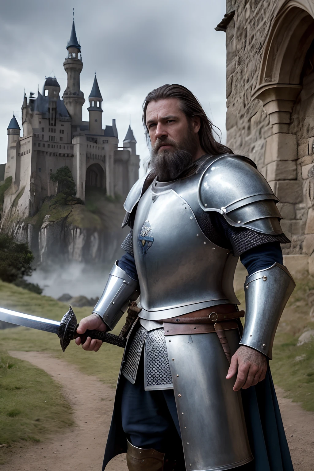 photorealistic, top quality, masterpiece, cinematic composition, slow motion, (medium shot of a medieval knight, sombre and weathered face, beard, grey hair:1.2), chain mail and plate armour, (realistic and detailed|intricate armour:1.1), (visible face:1.3), (photorealistic physiognomy|eyes|iris|skin|musculature, detailed skin, skin texture, natural skin), (holding a sword in his hand:1. 2), frontal perspective, imposing and determined pose, looking forward with determination, skin imperfections, natural skin wrinkles, natural skin spots, highly detailed clothes, abundant details, intricate details, realistic wrinkles in clothing, medieval fantasy landscape, cloudy sky, castle in the background in the distance, radiant lighting, deep shadows, dramatic scene, dark and cool colour palette, blue and grey tones, No other characters in the scene, abundant detail|intricate, detailed landscape, volumetric lighting, (detailed lighting), (detailed light reflections on armour:1. 1), 8k, highly detailed, UHD, HDR, photorealistic facial expression|hairstyle