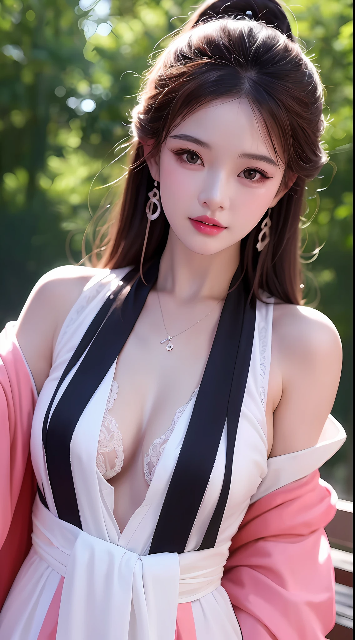 1 realistically beautiful girl, waist length hair, black eyes, ancient Ao Dai, style hanfu, wearing a thin silk shirt of ancient China, pink and smooth white skin, wearing a discreet ancient style ao dai, appears shoulders and head in the photo,cute little face, eye bags under wet makeup, plump red lips, pout, ((closed mouth:1.0)), balanced incisors, embarrassed, small face makeup detailed and very beautifull, The breasts are super round and tight, breast augmentation, blum boobs, Cover the girl's chest with a camisole inside, blush, from front, wear earrings, necklaces, from above, looking at viewer, upturned eyes, full body, masterpiece, top quality, best quality, official art, unity 8k wallpaper, highres, ultra-high res, ultra-detailed, (photorealistic:1.2), alone, solo, Only 1 girl, style hanfu Dunhuang, 10x pixels, super realistic, ultra high quality, full body view of the girl, upper body,