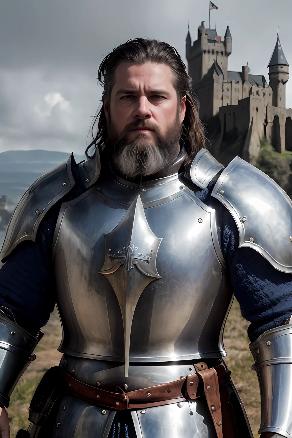 photorealistic, top quality, masterpiece, cinematic composition, slow motion, (medium shot of a medieval knight, sombre and weathered face, beard, grey hair:1.2), chain mail and plate armour, (realistic and detailed|intricate armour:1.1), (visible face:1.3), (photorealistic physiognomy|eyes|iris|skin|musculature, detailed skin, skin texture, natural skin), (holding a sword in his hand:1. 2), frontal perspective, imposing and determined pose, looking forward with determination, skin imperfections, natural skin wrinkles, natural skin spots, highly detailed clothes, abundant details, intricate details, realistic wrinkles in clothing, medieval fantasy landscape, cloudy sky, castle in the background in the distance, radiant lighting, deep shadows, dramatic scene, dark and cool colour palette, blue and grey tones, No other characters in the scene, abundant detail|intricate, detailed landscape, volumetric lighting, (detailed lighting), (detailed light reflections on armour:1. 1), 8k, highly detailed, UHD, HDR, photorealistic facial expression|hairstyle