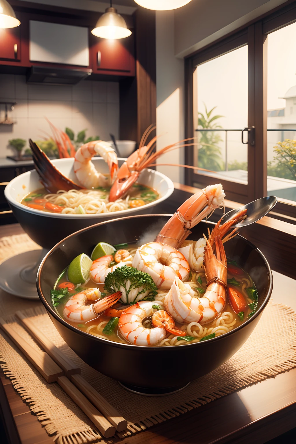 Seafood noodles, shrimp, soup, large bowl, indoors
