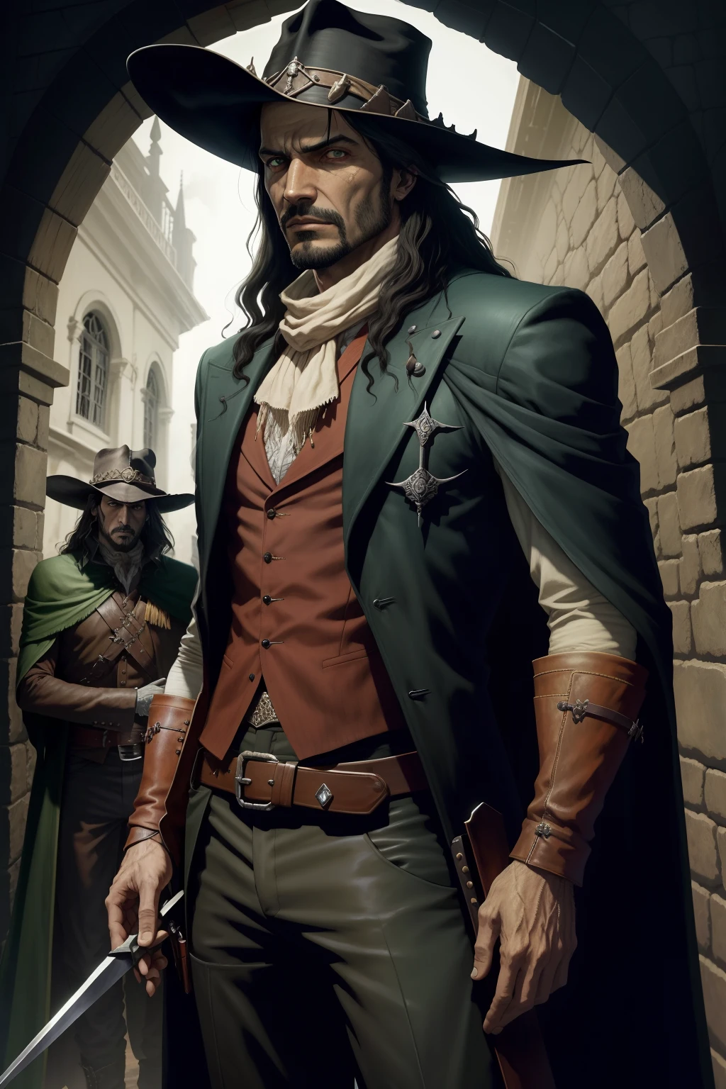 pintura de um homem, olhos abertos, olhos verdes esmeralda, olhos detalhados Escuro, o realista Solomon Kane, as a solomon kane, portrait of a bloodborne hunter, Tim Bradstreet, Arte Sangrenta, oeste estranho, Jessé McCree, Directed by: Hiroyuki Tajima, terras mortas, Pistoleiro, Fazer software, Directed by: Yoshihiko Wada, Leiji Matsumoto, Estilo de arte Red Dead Redemption