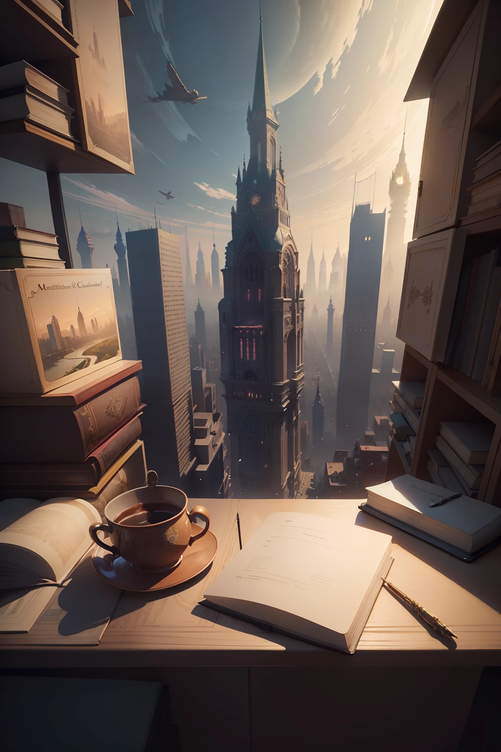 There was a book and a pencil on the table,The background is a city, Matthias Colrose storybook illustration, cg society contest winner, dreamlike realism, Surreal cityscape background, detailed book illustration, 3 d epic illustrations, storybook realism, optimistic matte painting, fantasy book illustration, book illustrations, Stylized urban fantasy artwork