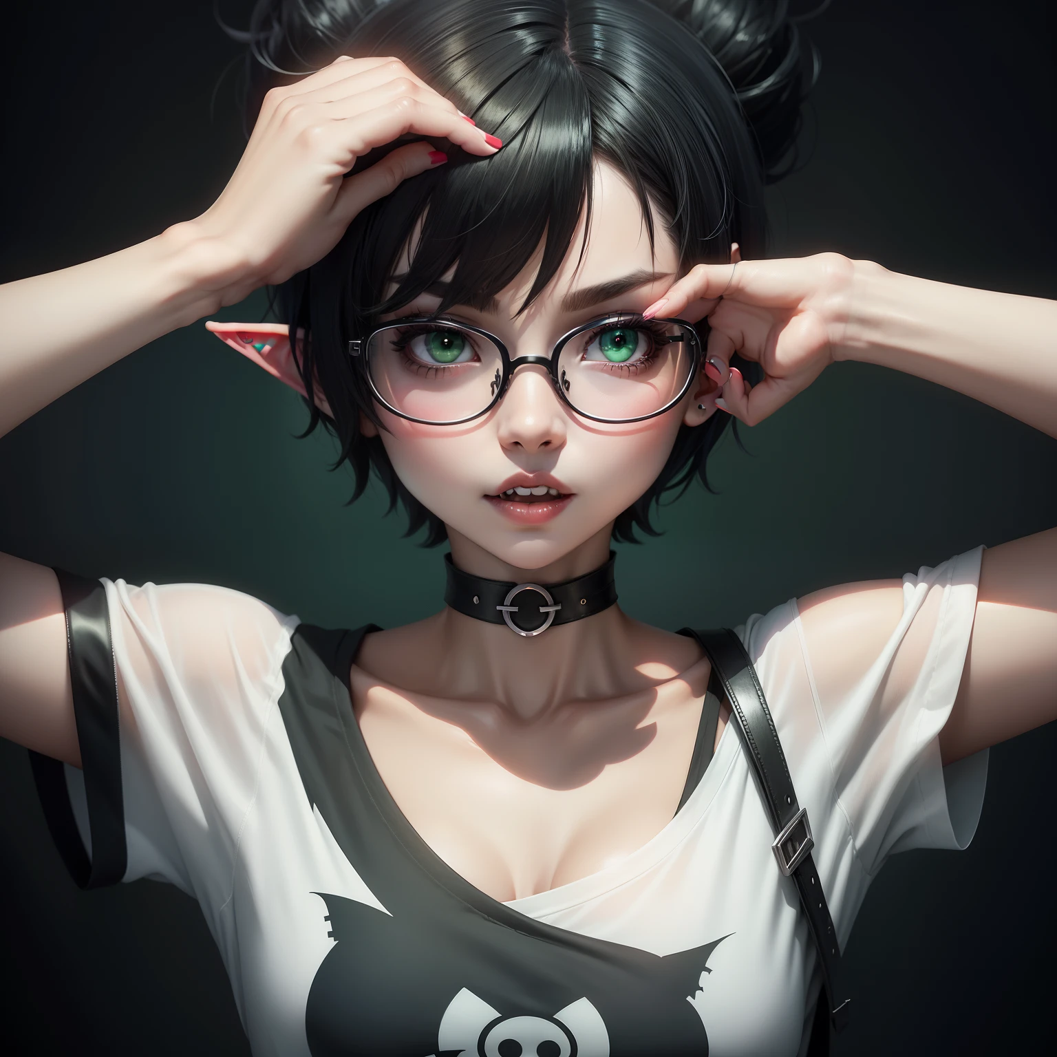 Cute anime vampire girl with a black pixie cut, black eyes, wearing circle glasses, elf ears, fangs, wearing a black choker, a white print t-shirt, and a green flannel.