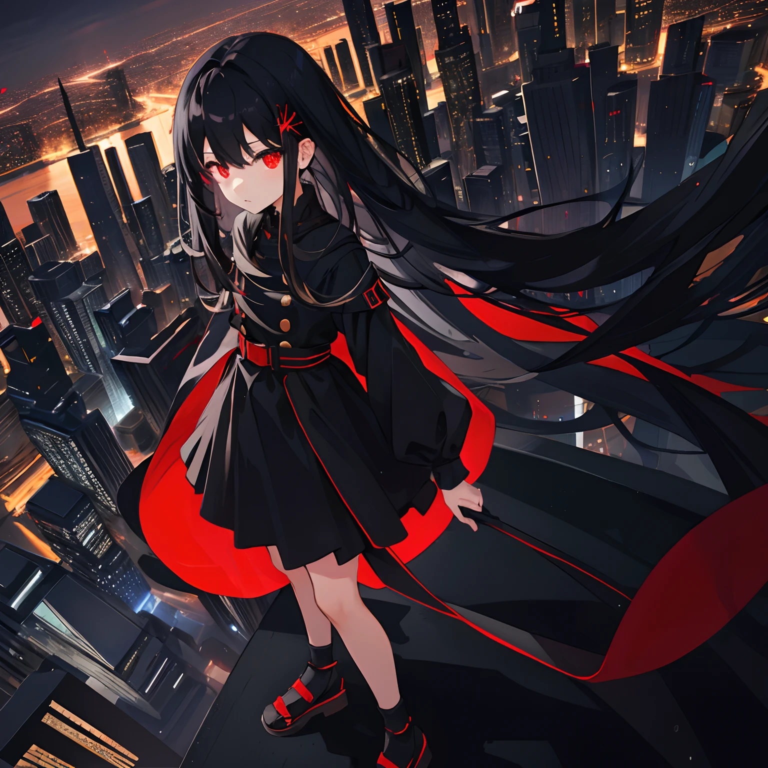 a with long black hair, red glowing eyes, petite body, black suit, standing on ledge overlooking city skyline at night, Burj Khalifa
