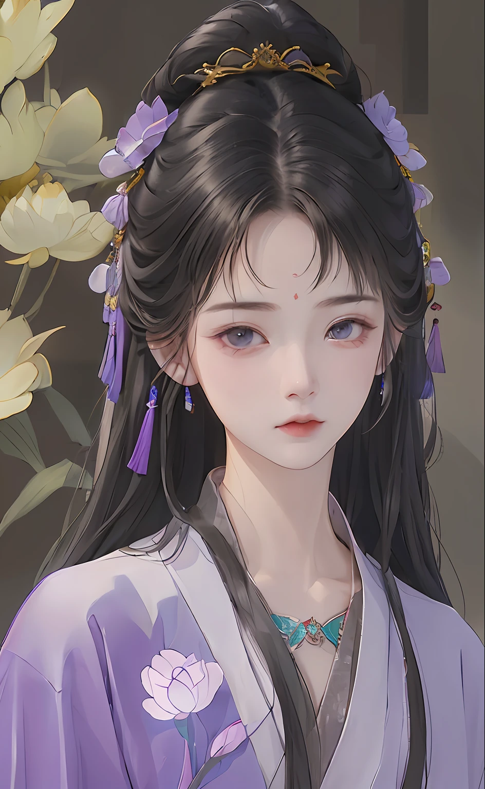 A girl, ancient Chinese costume, whole body, sunshine, clear face, clean white background, masterpiece, super detail, epic composition, ultra HD, high quality, extremely detailed, official art, uniform 8k wallpaper, super detail, 32k, purple hair, purple eyes