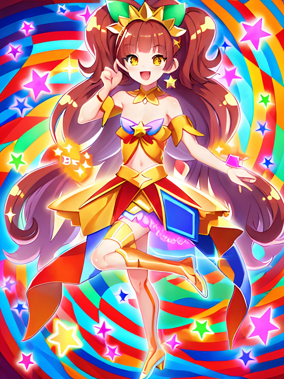 Cartoon image of a boy in a star dress, Cool, Official art, Orange and yellow and violet costume, !!Full body portrait!!, official artwork, marin kitagawa fanart, Beautiful, He has long orange-brown hair, Sparkling Magical Boy, Nami, golden aura