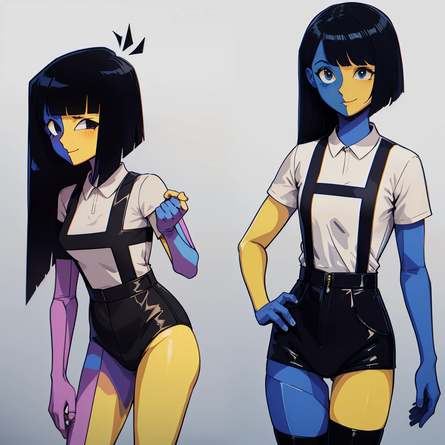 ENA (Joel G), split color body (blue on right, yellow on left), white t-shirt, black overall dress, 1girl, black socks (thigh-high on right, ankle on left), grain effect on hair, perfect anatomy, better hands, anime style, cowboy shot