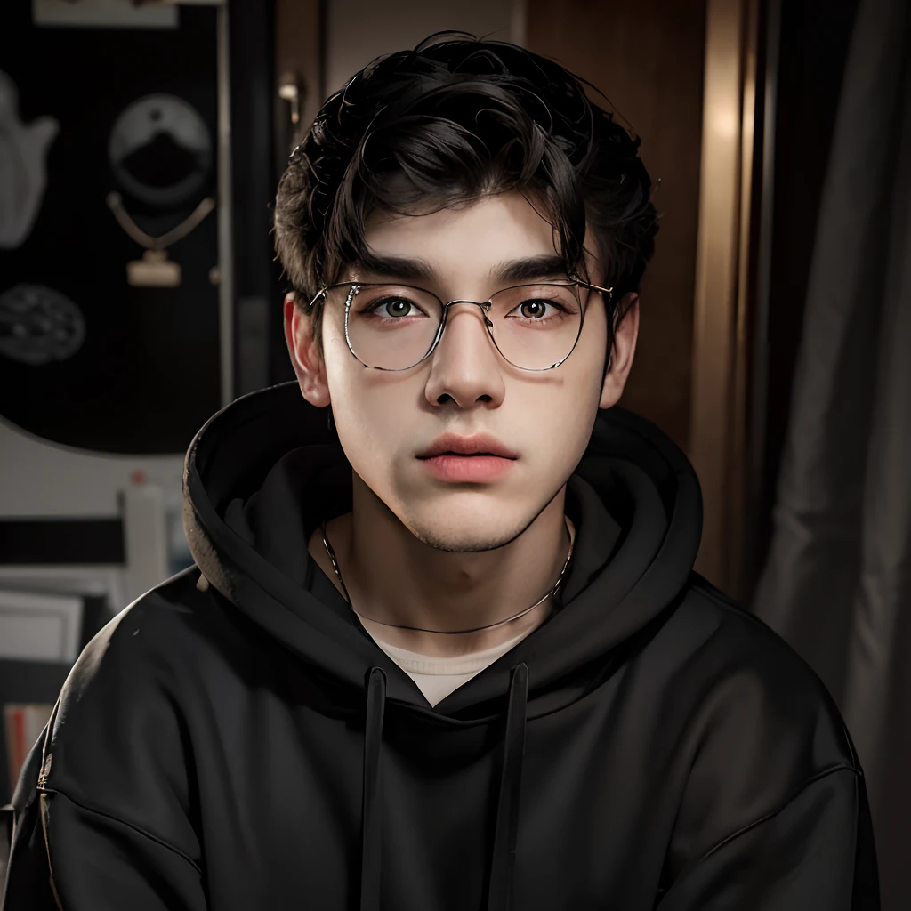 (masterpiece:1.2), (best quality:1.2), hyper realistic,highestres,absurdres,extremely detailed,volumetic,dramatic lighting,(frontal view),
20 year old boy,face,detailed eyes, black hoodie, black t-shirt