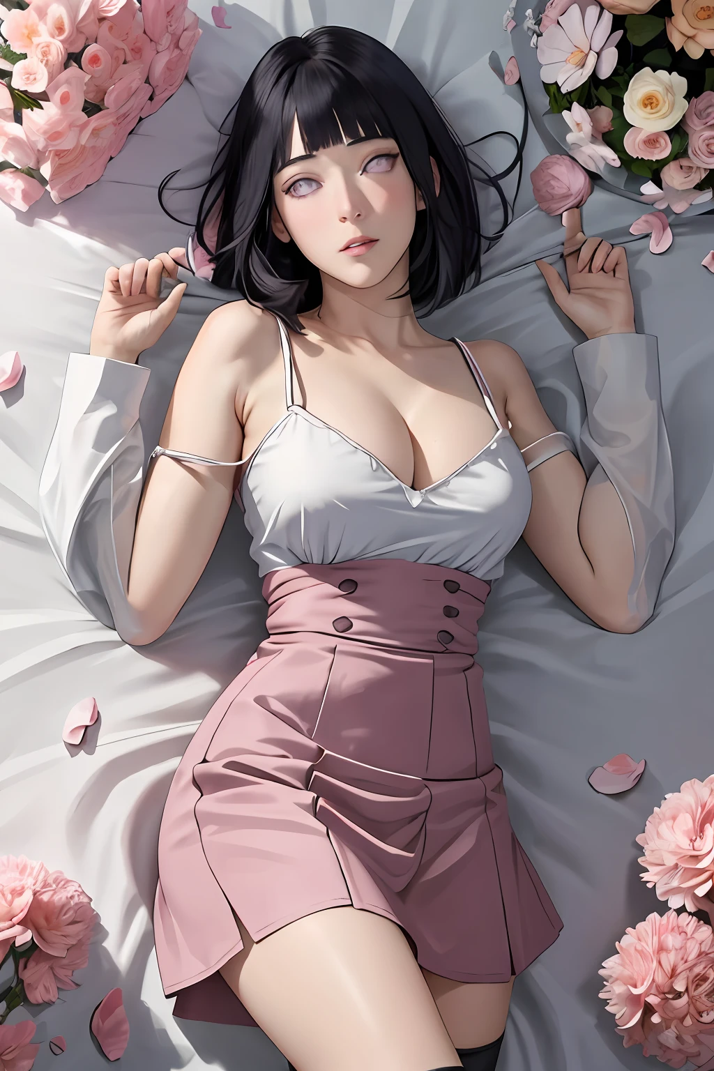 masterpiece, absurdres, hinata hyuga, 1girl, solo,mature female, spaghetti strap top,high waist pencil short skirt, looking at viewer, (falling petals), perfect composition, detailed lips, beautiful face, body propotion, blush, (pink lips), long hair, purple eyes, soft gaze, super realistic, detailed, photoshoot, realistic face and body, detail body, detail finger, sexual expression, seductive expression, thighhighs, cleavage