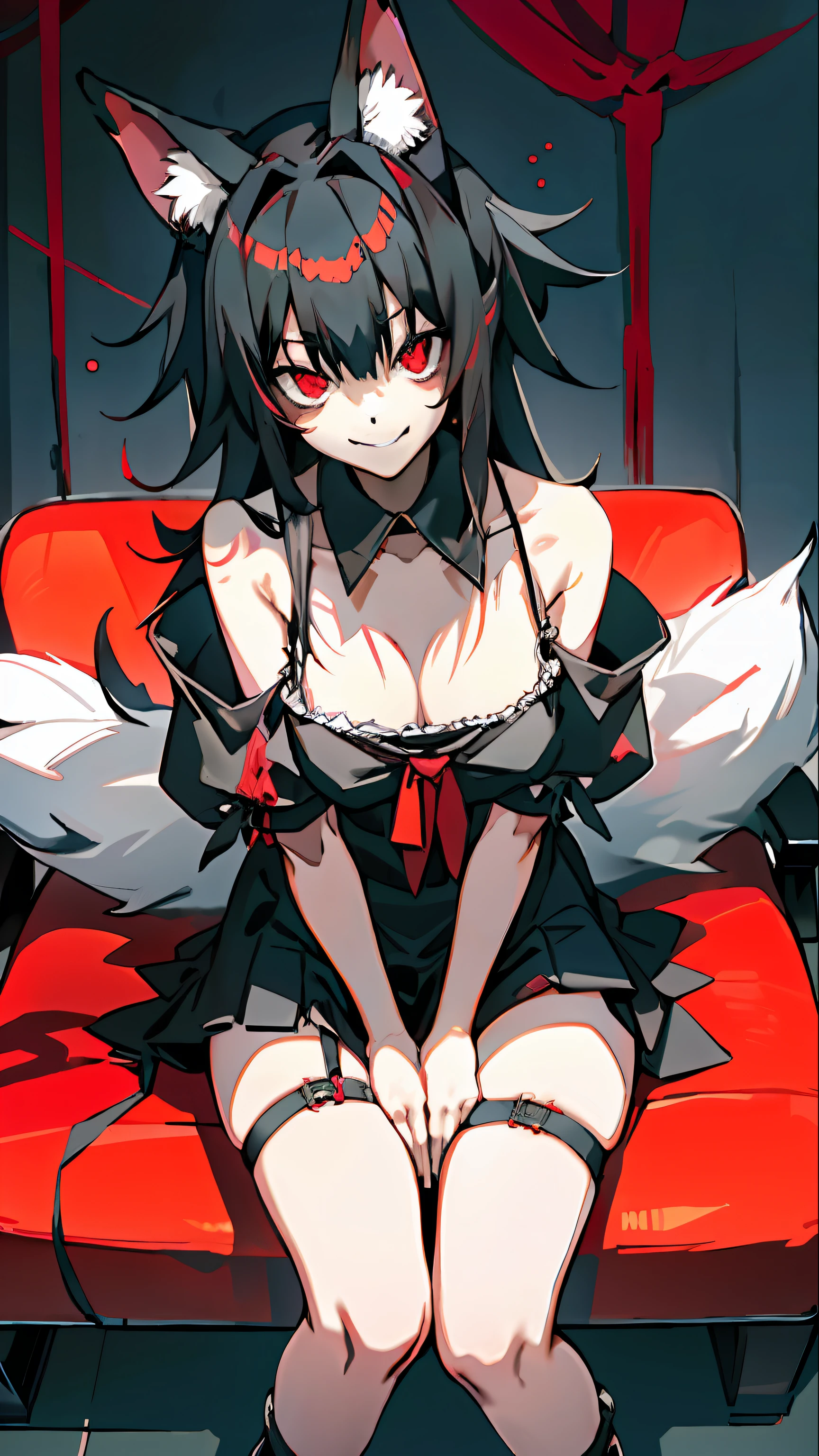whaite hair，Black ears，Girl fox girl，sit on chair，black toga，Red eyes，A hideous smile，Blood on the face，blacksilk，Place your hands between your legs