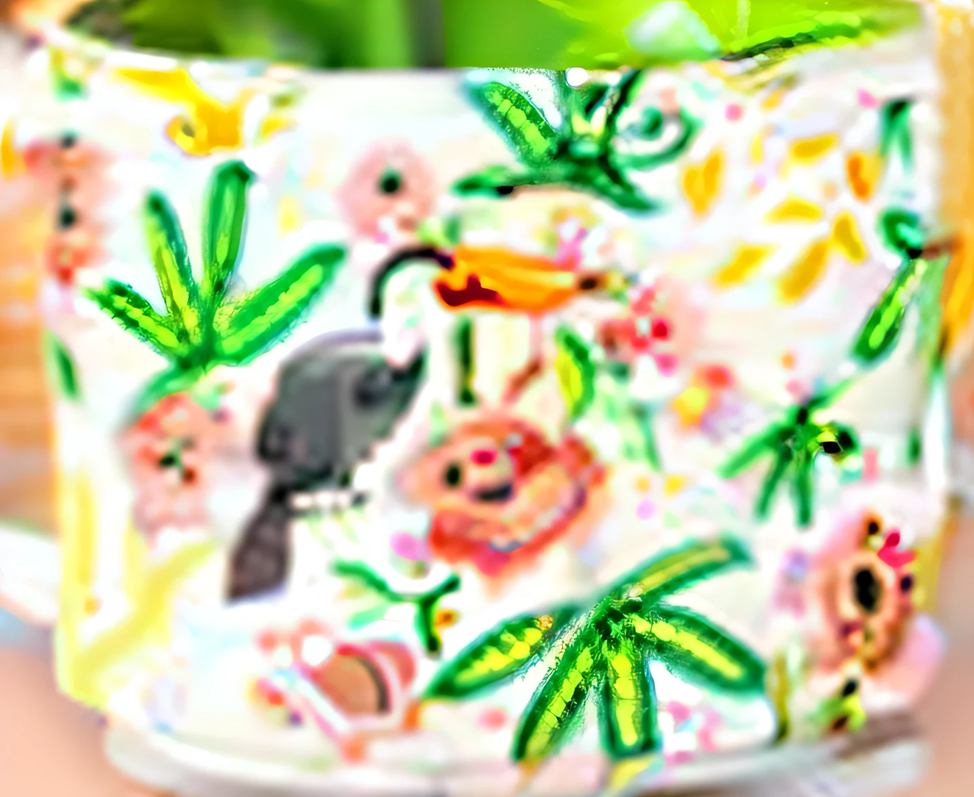 Close-up of coffee mug with toucan, toucan, flora and fauna, graphic detail, stunning detailed, The is very detailed, tropical, Very dynamic, Inspired by Tarsila do Amaral, painting of an undercover cup, highly details, with colorful flowers and plants, Highest detail, insanely details, in detail, beautifully lit, mid closeup