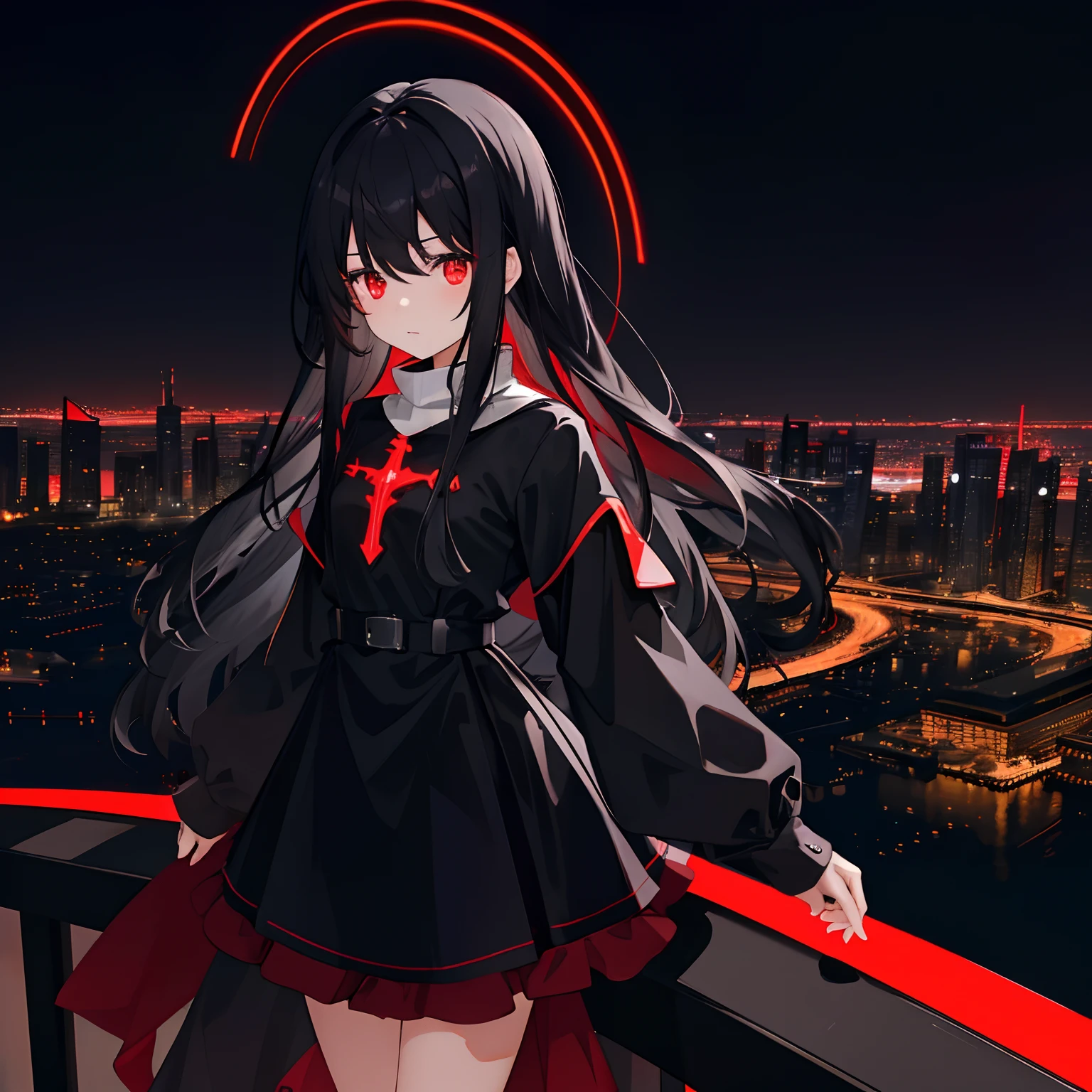 a li with long black hair, red glowing eyes, petite body, black suit, standing on ledge overlooking city skyline at night, Burj Khalifa