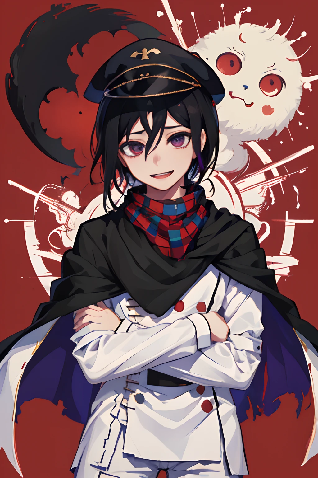 (Masterpiece, Best Quality:1.2), Cowboy shot, 独奏, male focus, 1boy, Own kokichi, grin, looking a viewer, crossed arms, peaked cap, jacket, Buttons, black cape, white pants, tartan scarf, black and red background, schizophrenia, Creepy abstraction in the background