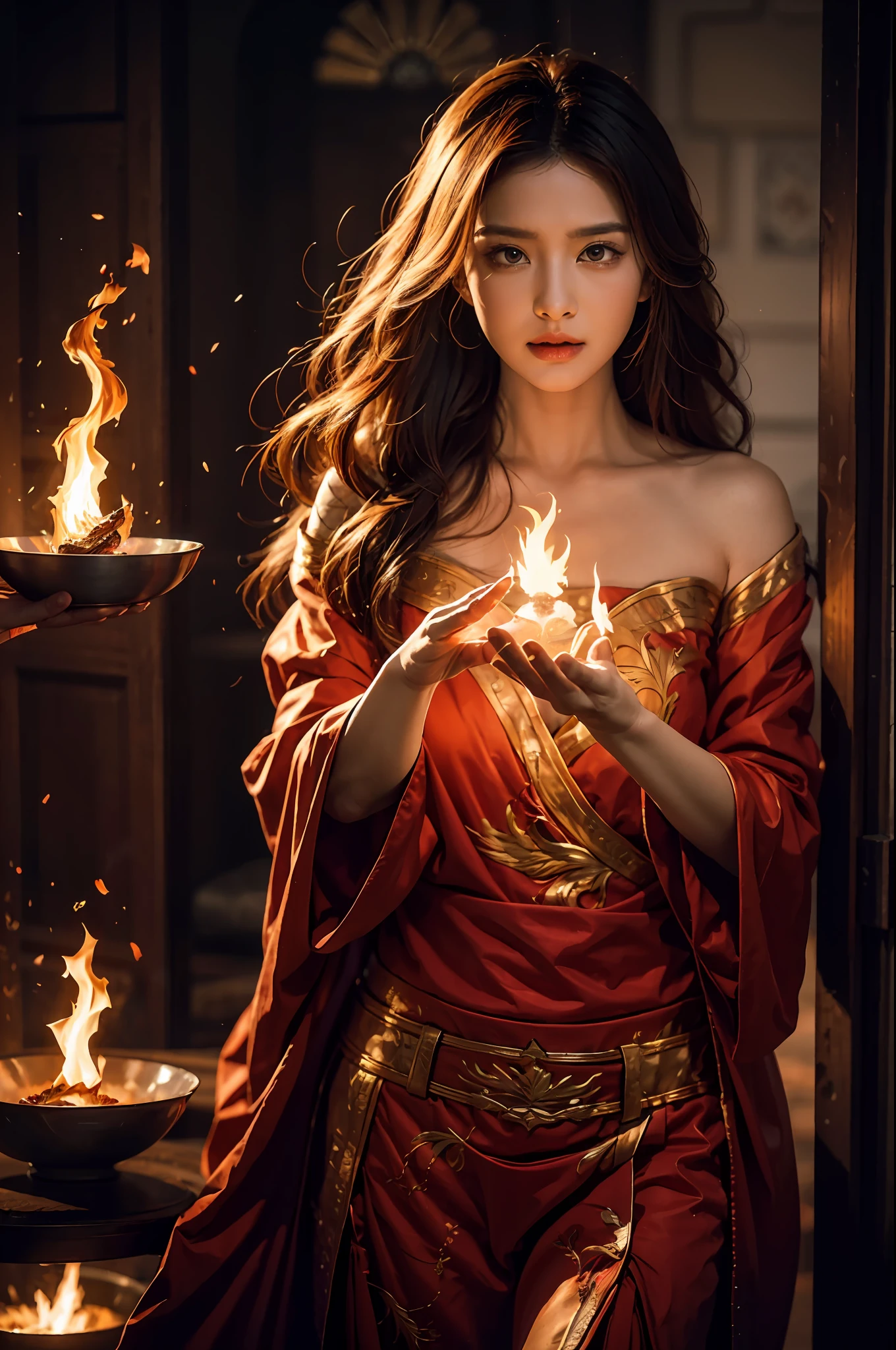 1girll，Flame mage dressed in fiery red（Chinese Hanfu），The robe was embroidered with intricate runes and ornaments，Exudes a burning breath。He was tall and strong，Hands up，Powerful fire spells are being unleashed。His eyes were firm and sharp，A flash of fire flashed in his eyes，Behind the Flame Mage，（A huge flame phoenix spread its wings and flew：1.2），（The feathers of the phoenix burned with a roaring flame），It shines brightly，Its body is surrounded by flames，Flame feathers danced，Form a spectacular flaming six-pointed star array pattern，Full of mysterious magic，The whole scene is full of fiery aura and passion for fighting，Large areas of flame spells bloomed in the air，A brilliant arc of flame and flying sparks formed，（Flame Mage and Phoenix），It appears majestic and mysterious in the midst of raging fires，Like the embodiment of fire and magic，red hair，high detal，ultra-realistic realism，Verism，（（Bust photo）），（real photograph：1.4），（lightand shade contrast），cinmatic lighting，Realistic special effects，c4d渲染，rendering by octane，Ray traching，in a panoramic view，angle of view，textureskin，super detailing，hyper HD，tmasterpiece，anatomy correct，best qualtiy，A high resolution，8K