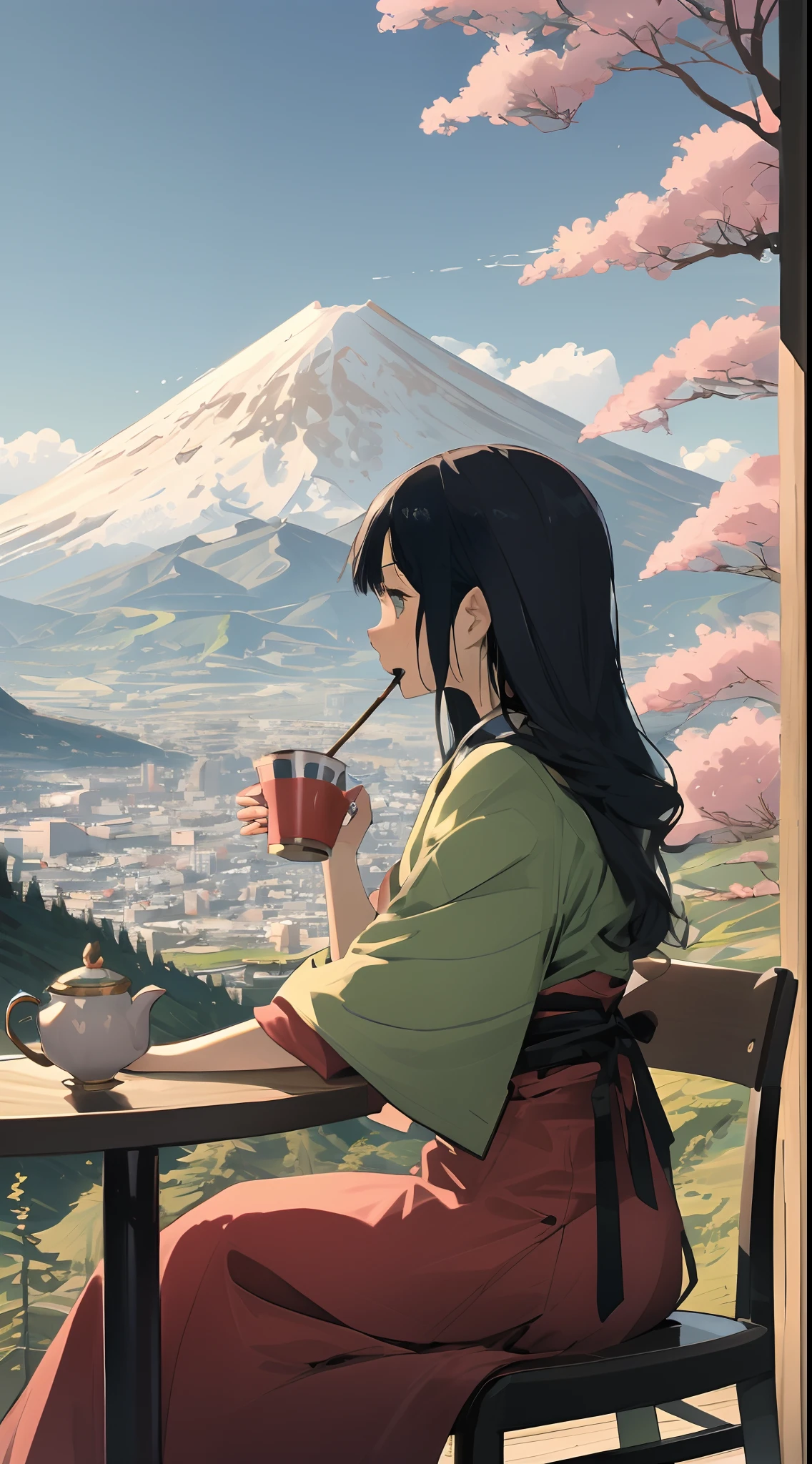 (Best quality),(Masterpiece),(Ultra detailed),(high detal),(Extremely detailed) Anime landscape, (Ultra detailed) Surreal scenarios, Characteristic mountains. Fuji, Vivid colors and dynamic elements, Reminiscent of Hokusai's work.A young woman,Sit at the table,Drinking tea,(looking at the mountains. Fuji in the distance),The character is located on the left side of the frame,45-degree view at the rear left,Face away from the camera,(The character's head turns to the mountain. Fuji),Small people,Grand background,Highlight overall emotional feelings ,Highest image quality,complexdetails,8 k hd wallpaper。Follow aesthetic principles。Optimal composition。