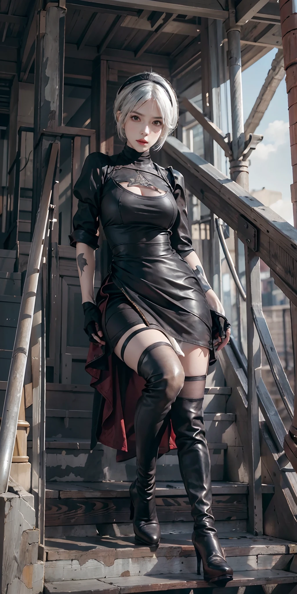 photorealistic, high resolution, soft light,1women, solo, hips up, (detailed face),tattoo, jewelry, yorha no. 2 type b, black dress, black hairband, boots, dress, feather-trimmed sleeves, feather trim, gloves, hairband, high heel boots, high heels, highres, juliet sleeves, leather, leather boots, long sleeves, nier \(series\), nier automata, outdoor, thigh boots, thighhighs, thighhighs under boots