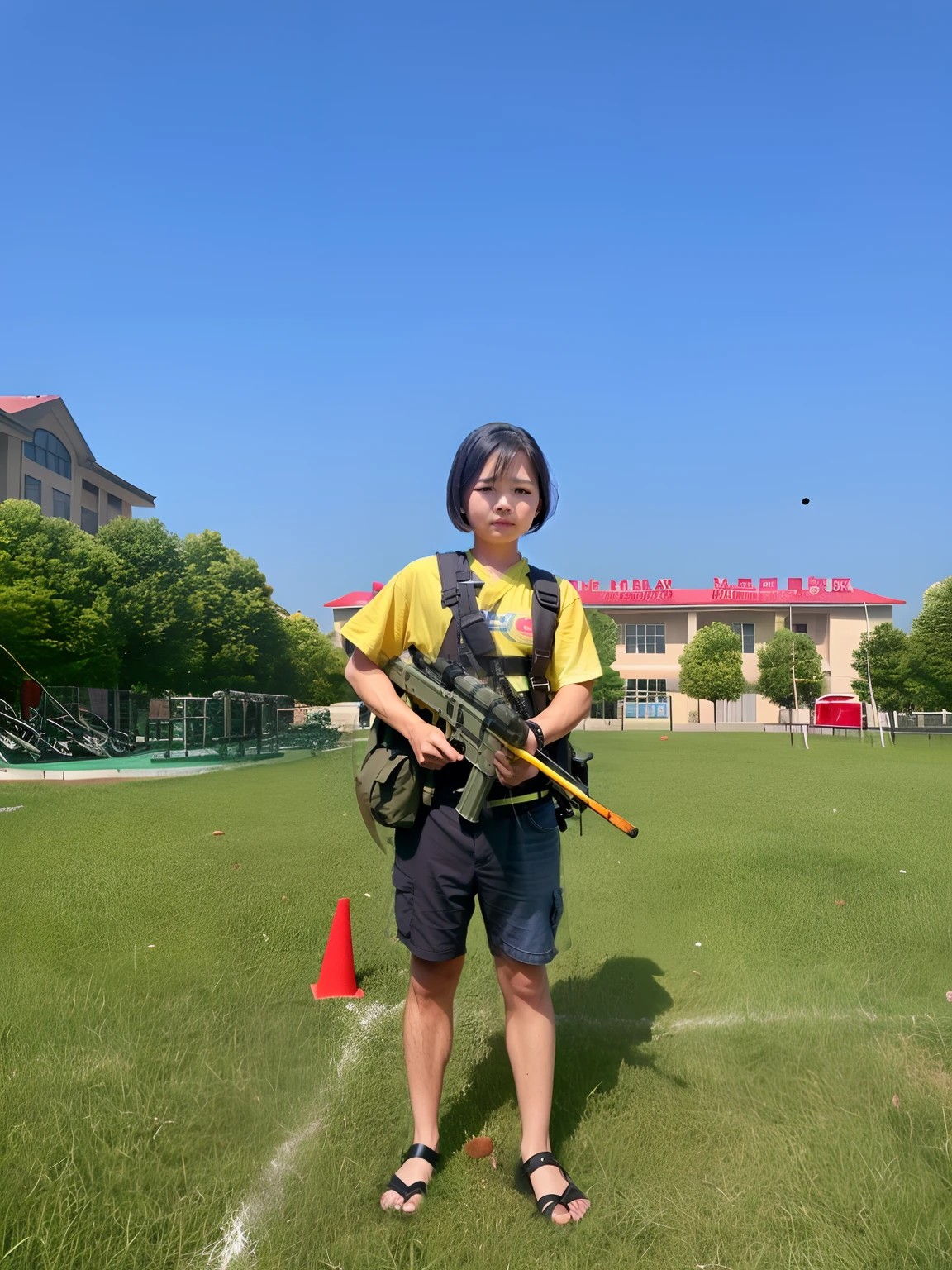 There was a man standing in the field with a Gatling gun, with hand crossbow, with rifle, wearing jetpack, xintong chen, jinyiwei, Chen Zezhou, Take a rocket launcher, shot on iphone 1 3 pro max, Li Zixin, 8k selfie photograph, Student, yihao ren, xiaofan zhang, mingchen shen, Realphotos