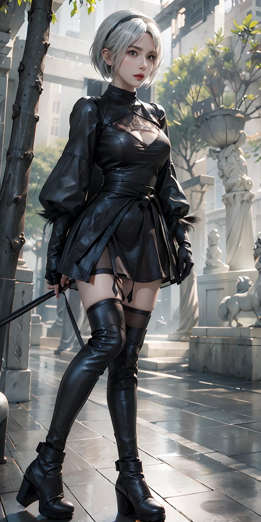 photorealistic, high resolution, soft light,1women, solo, hips up, (detailed face),tattoo, jewelry, yorha no. 2 type b, black dress, black hairband, boots, dress, feather-trimmed sleeves, feather trim, gloves, hairband, high heel boots, high heels, highres, juliet sleeves, leather, leather boots, long sleeves, nier \(series\), nier automata, outdoor, thigh boots, thighhighs, thighhighs under boots
