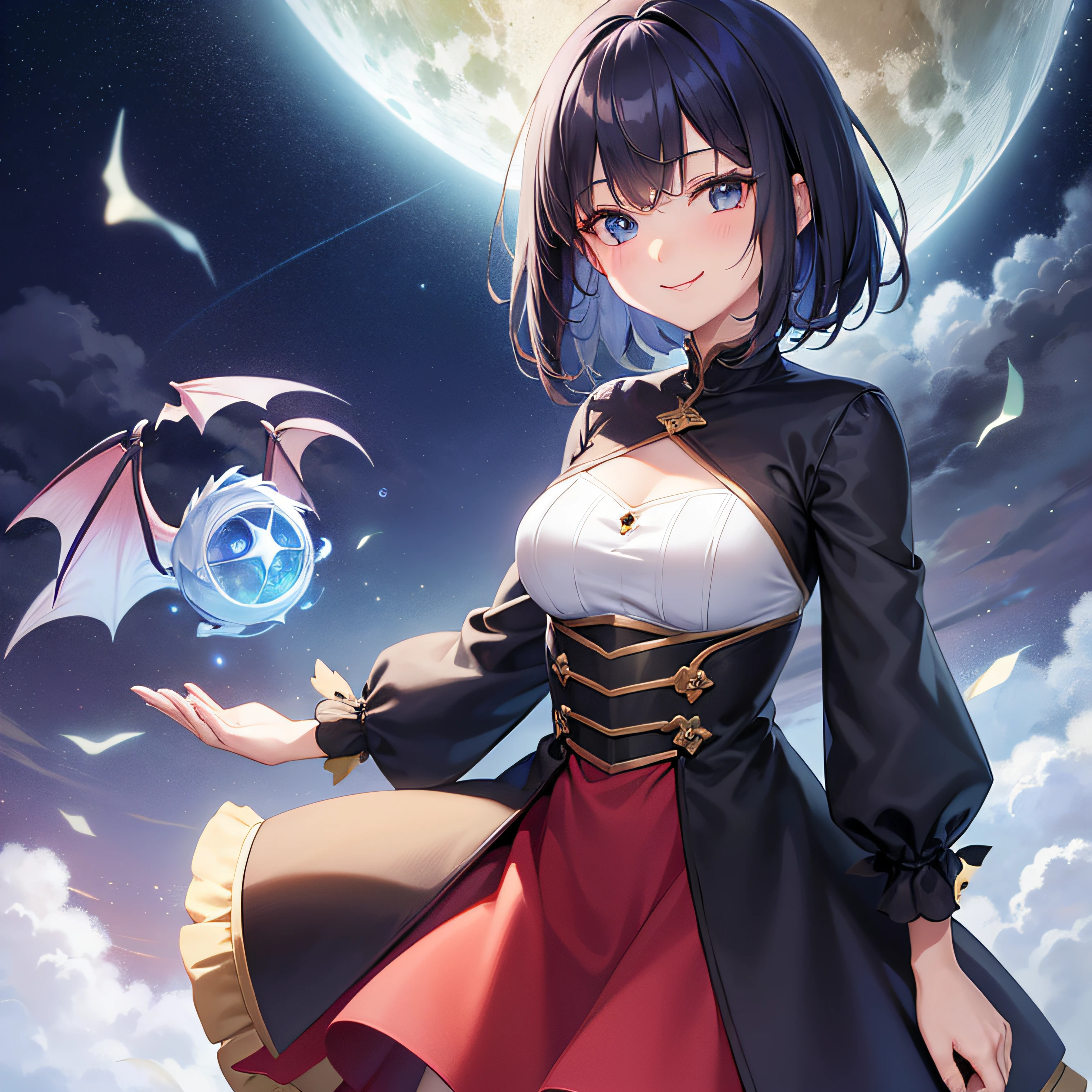 {1girl in, Shorthair, A dark-haired, blue eyess}, {magia, starrysky, optic, Dragon Behind}, {Smiling, A smile, Red face}, concept-art, beautiful anime scene, Beautiful anime scenery, top-quality, masterpiece