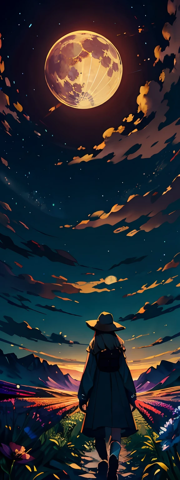 A wide landscape photo, (viewed from below, the sky is above, and the open field is below), a girl standing on a flower field looking up, (full moon: 1.2), (meteor: 0.9), (nebula: 1.3), distant mountains , Trees BREAK Crafting Art, (Warm Light: 1.2), (Firefly: 1.2), Lights, Lots of Purple and Orange, Intricate Details, Volumetric Lighting BREAK (Masterpiece: 1.2), (Best Quality), 4k, Ultra Detailed, (Dynamic Composition: 1.4), Rich in Detail and Color, (Rainbow Color: 1.2), (Glow, Atmospheric Lighting), Dreamy, Magical, (Solo: 1.2)