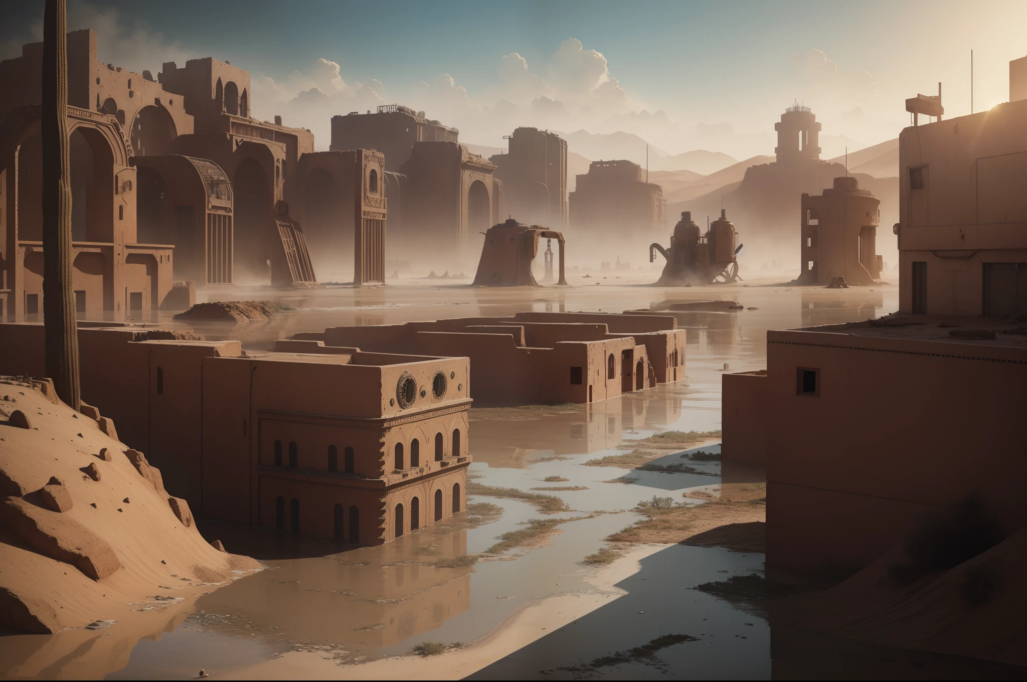 graphic novel illustration, steampunk, wilderness with desert, (rising water:1.3), walls and streets with bullet marks, heat haze, ultra fine detailed texture, ultra quality, cinematic still, 16k, conceptual contrast, surrealism, digital painting, (no light), (no fire),
