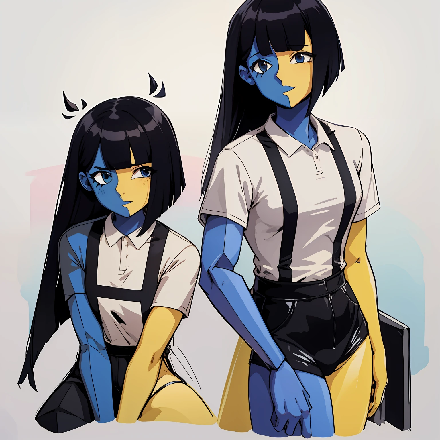 ENA (Joel G), split color body (blue on right, yellow on left), white t-shirt, black overall dress, 1girl, black socks (thigh-high on right, ankle on left), grain effect on hair, perfect anatomy, better hands, anime style, cowboy shot